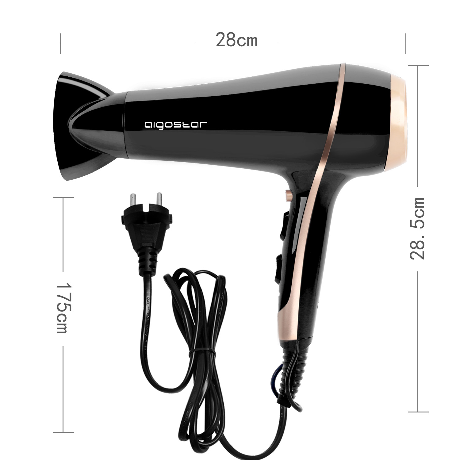 Ein schwarz-goldener Haartrockner mit angegebenen Abmessungen. Er hat ein langes Kabel.