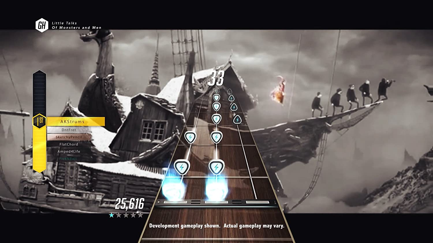Ein Guitar Hero-Spielbildschirm zeigt ein Schiff, Noten und Punkte. Der Titel lautet 'Little Talks'.