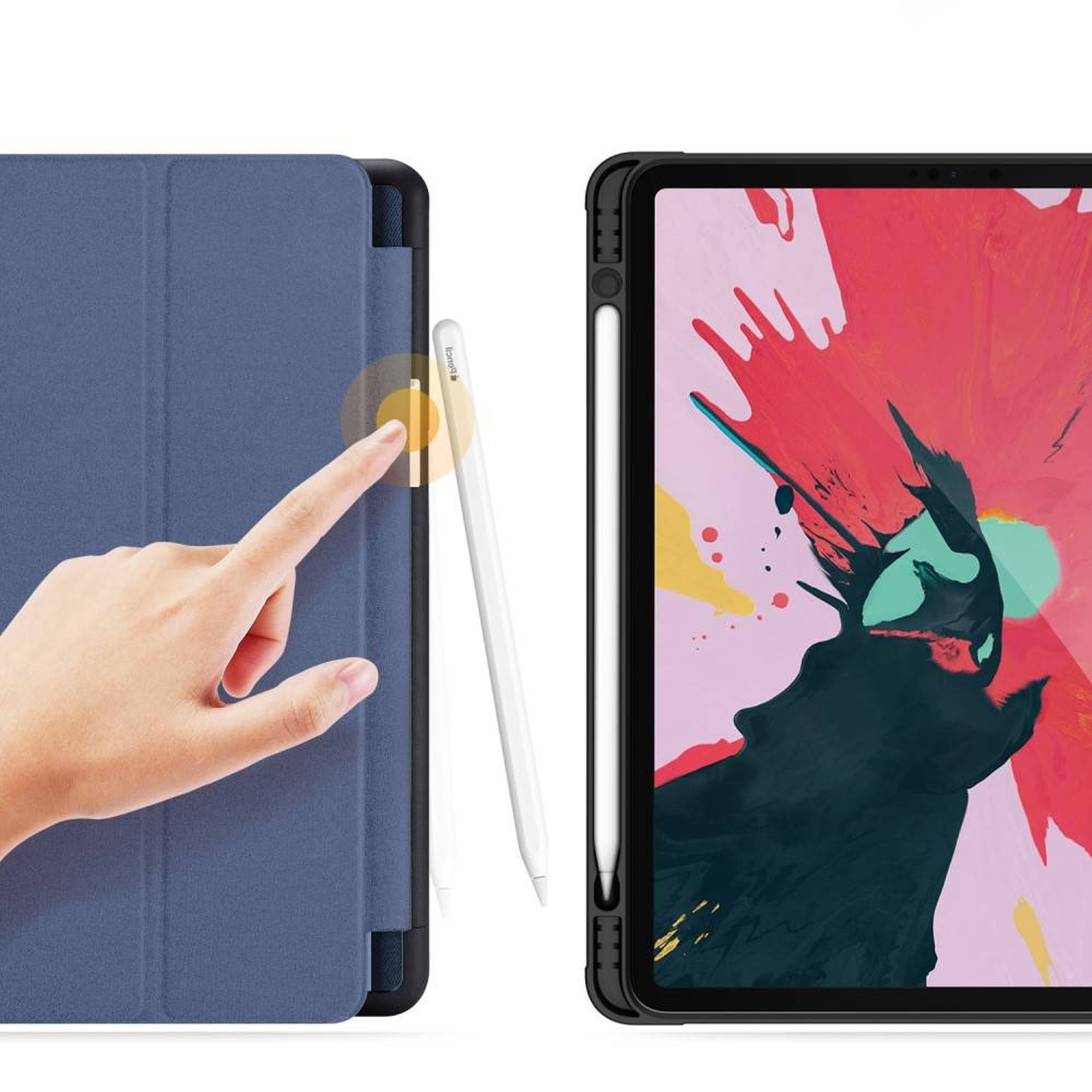 Eine Hand berührt eine blaue Tablet-Hülle, in der Nähe eines weißen Apple Pencil. Das Tablet ist auch sichtbar.