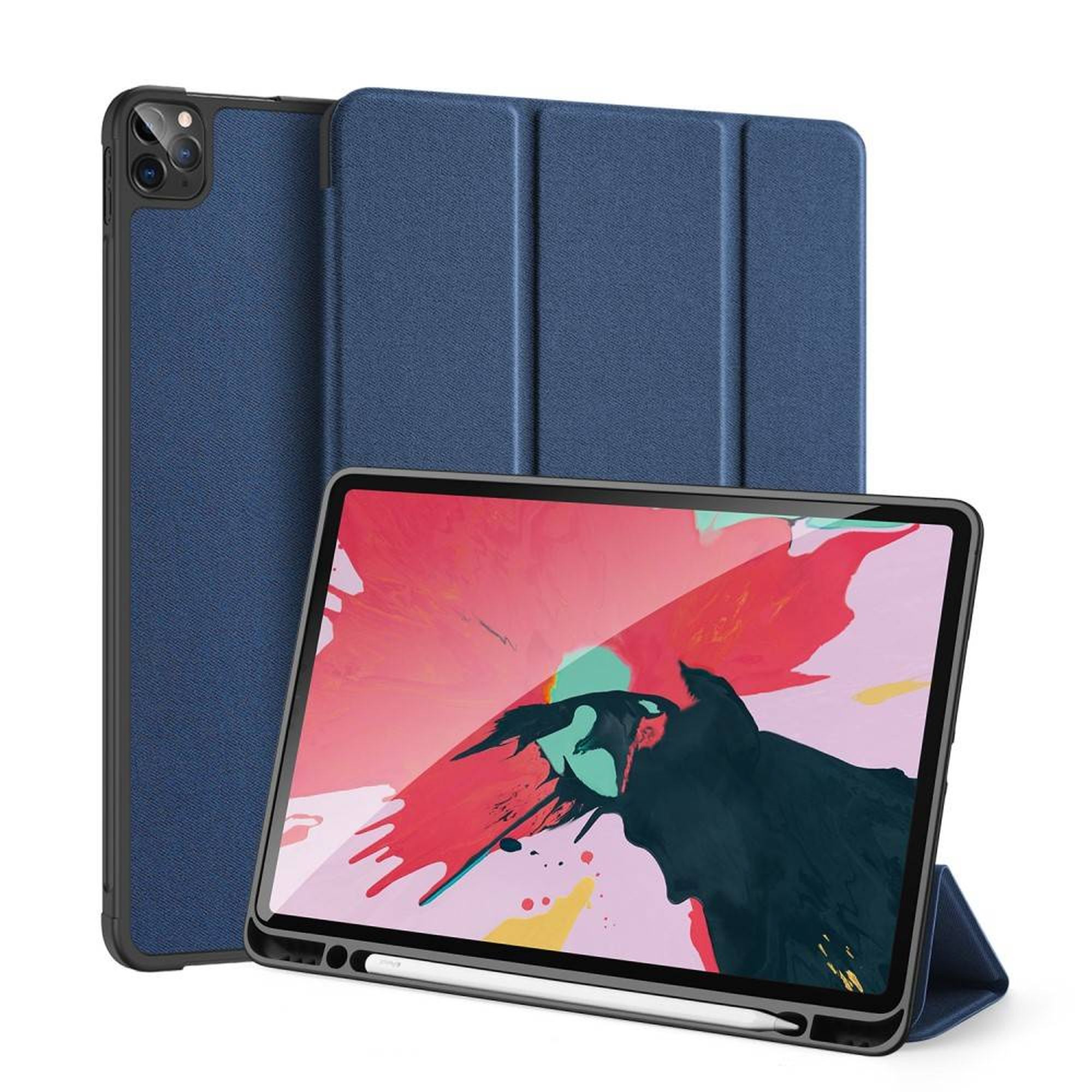 Blaue iPad-Hülle und ein Tablet in der Hülle. Ein weißer Stift liegt auf der Hülle.