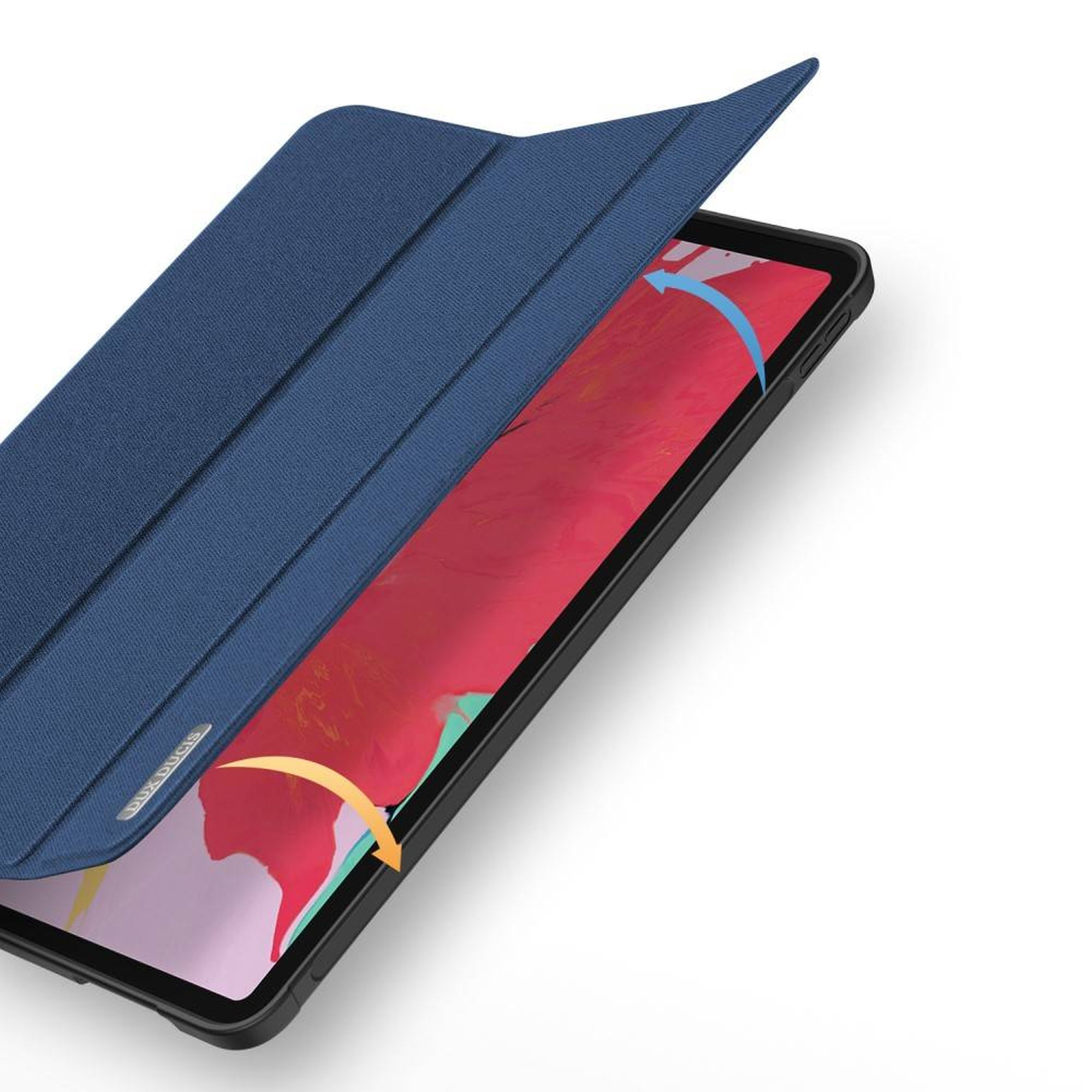 Blaue Tablethülle mit teilweise geöffneter Abdeckung, zeigt den Tablet-Bildschirm und Pfeile.