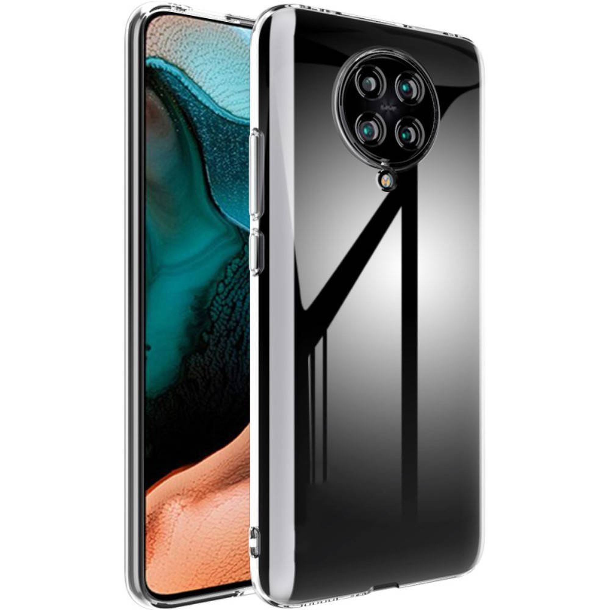 Eine transparente Handyhülle auf einem Telefon. Es hat einen schwarzen Farbverlauf auf der Rückseite.