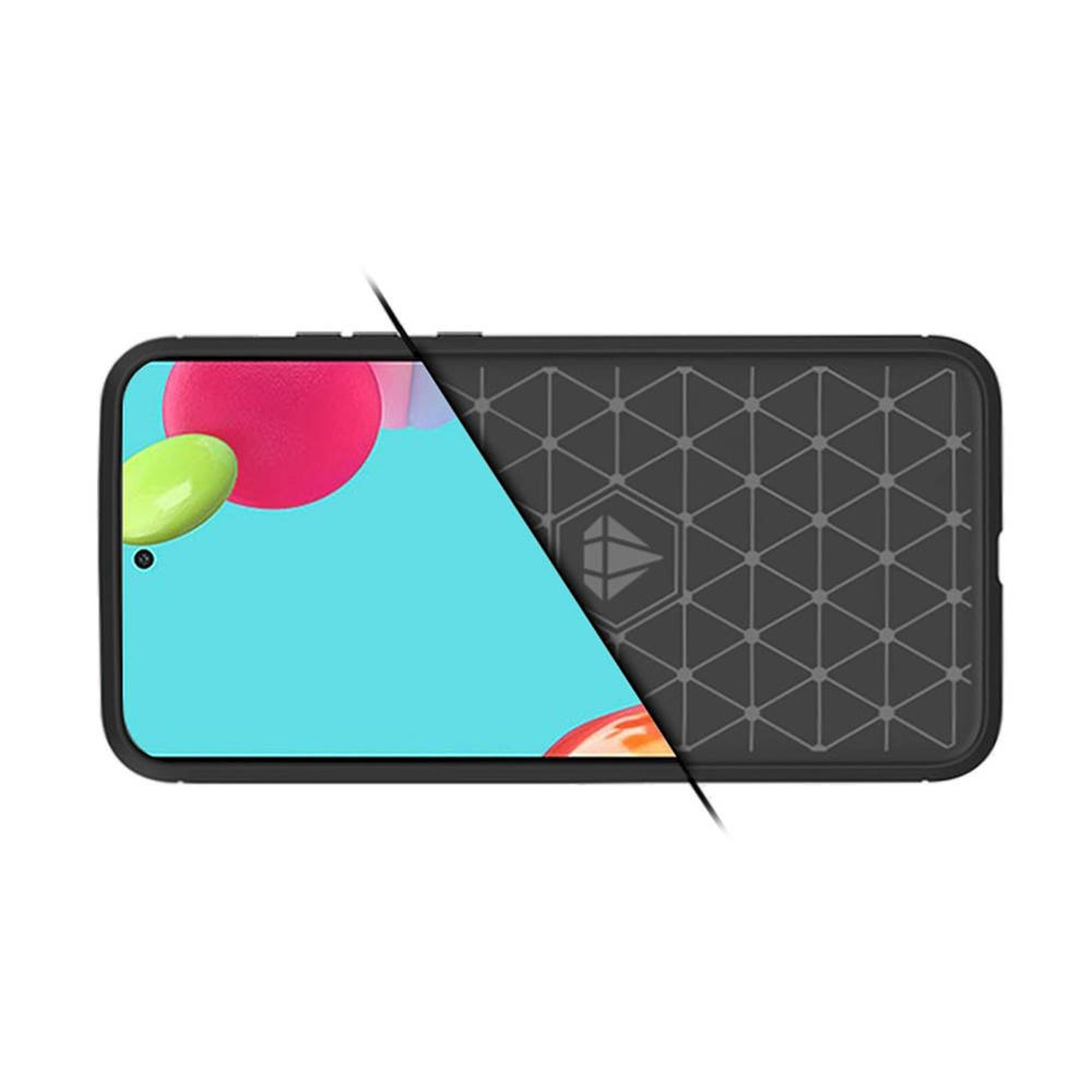 Ein Telefon mit schwarzer Hülle, das einen Bildschirm mit geometrischem Design zeigt. Der Hintergrund ist weiß.