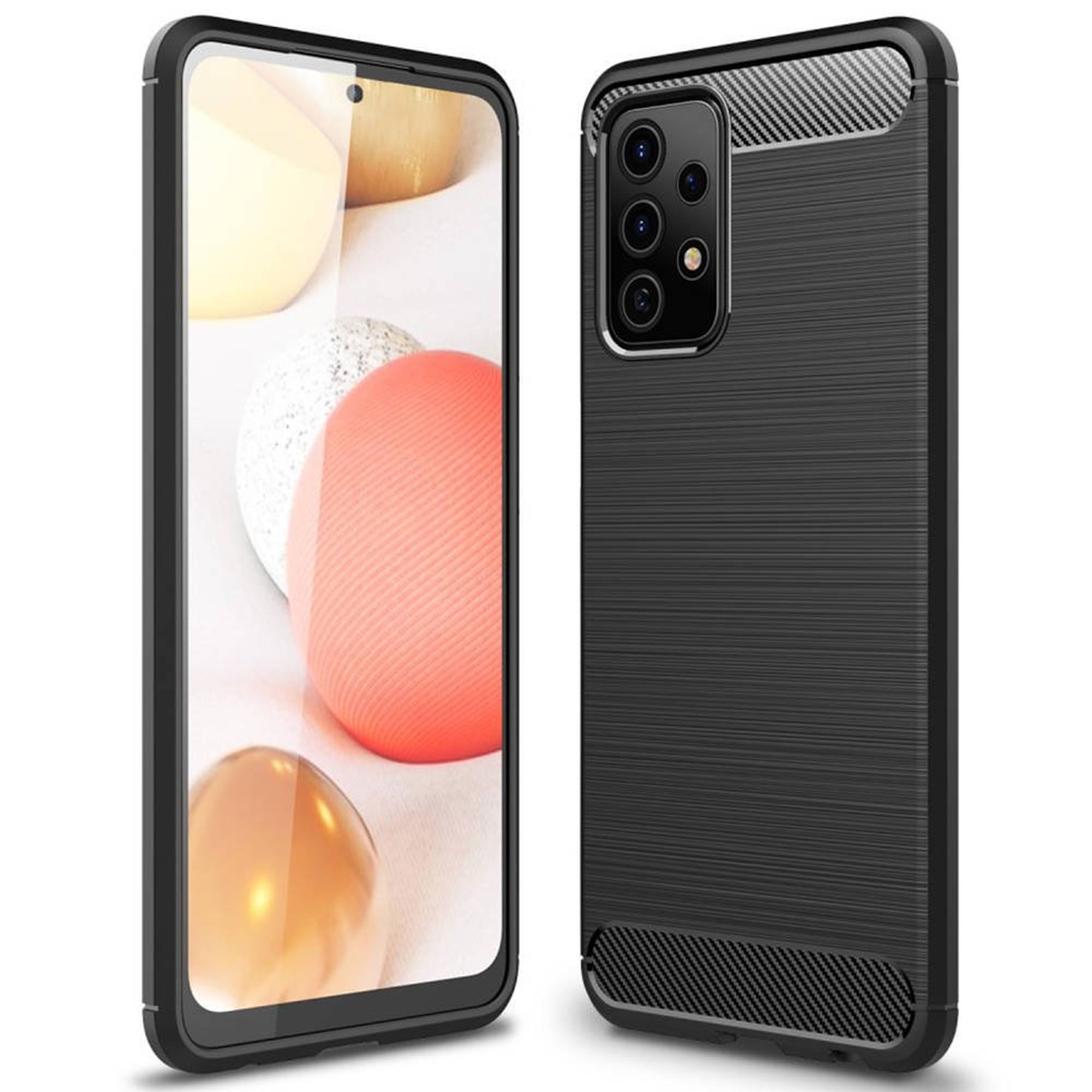 Schwarze Handyhülle, mit einem Handy darin und einer Hülle. Die Hülle hat ein strukturiertes Design.