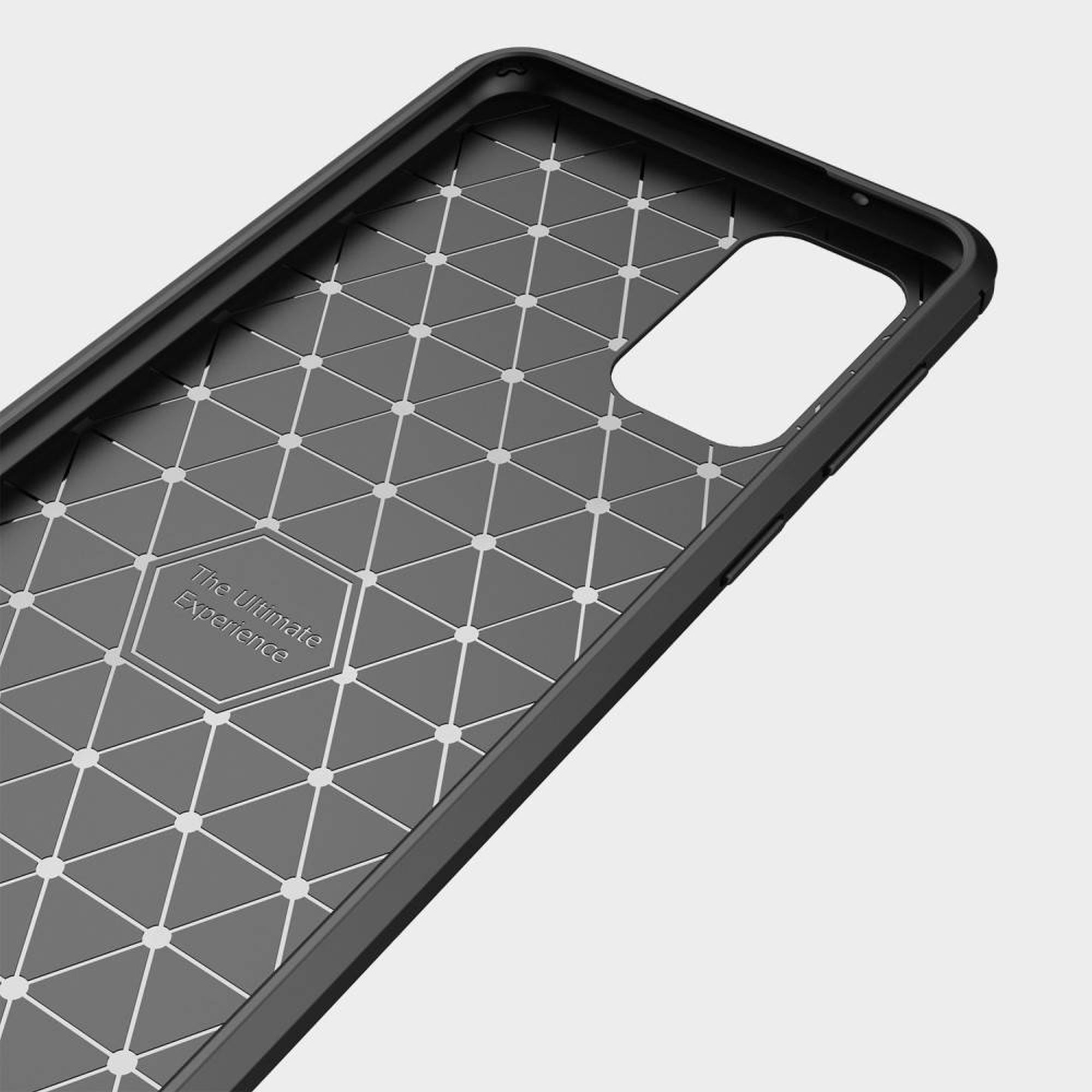Schwarze Handyhülle mit geometrischem Muster auf der Rückseite und weißem rechteckigen Ausschnitt.