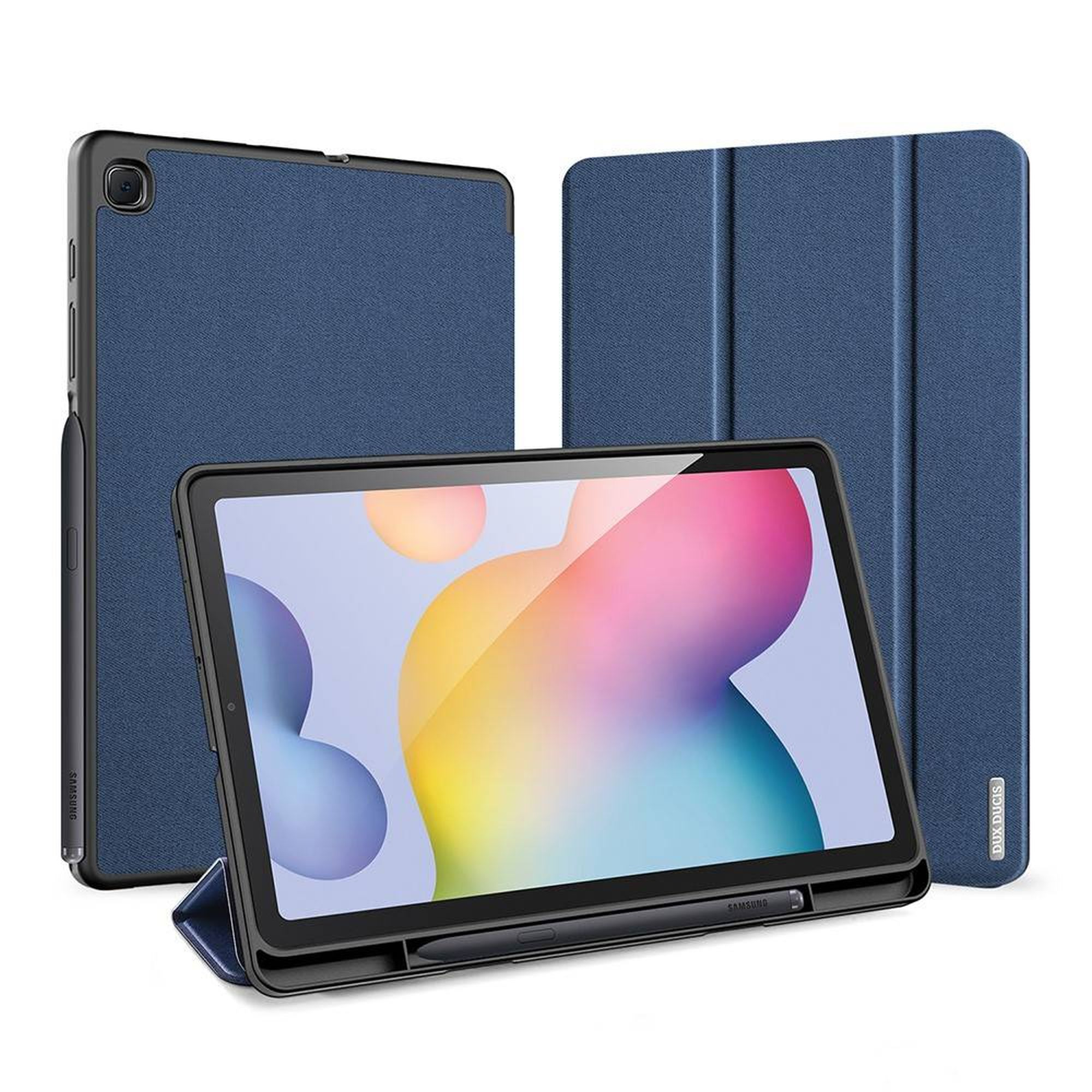 Ein blaues Tablet in einer blauen Hülle und zwei weitere blaue Hüllen. Ein Stift ist sichtbar.