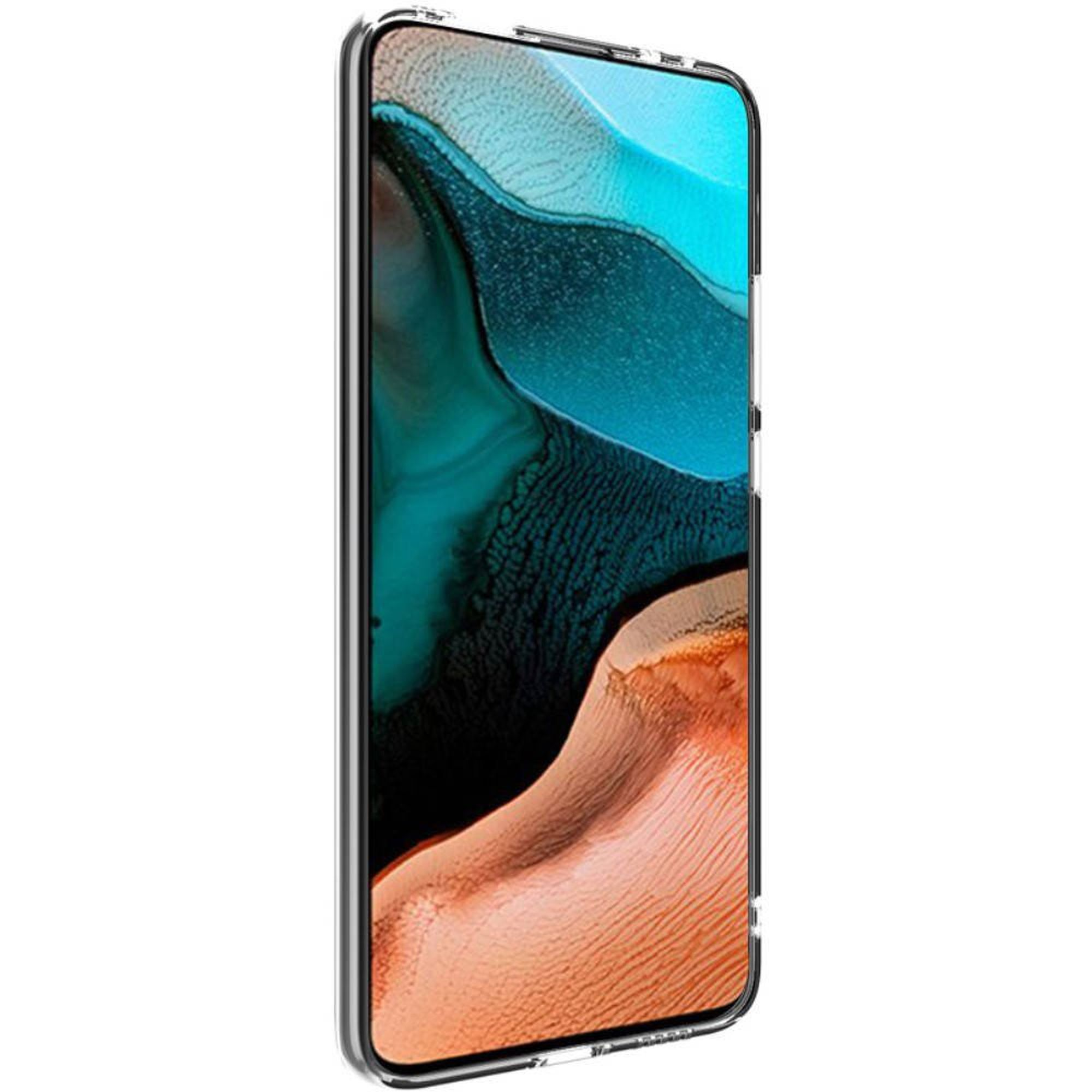 Telefon in einer transparenten Hülle mit blauem und braunem Hintergrund.
