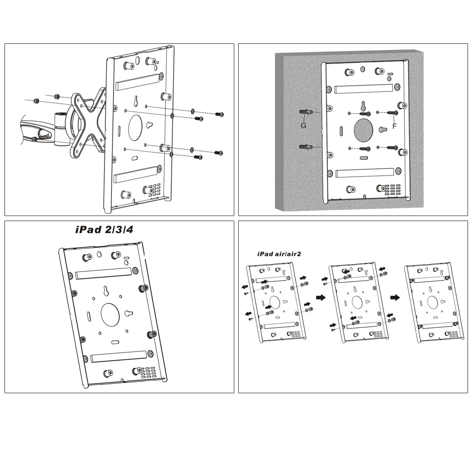 Diagramm, das die Installation einer Tablet-Halterung an einer Wand zeigt.