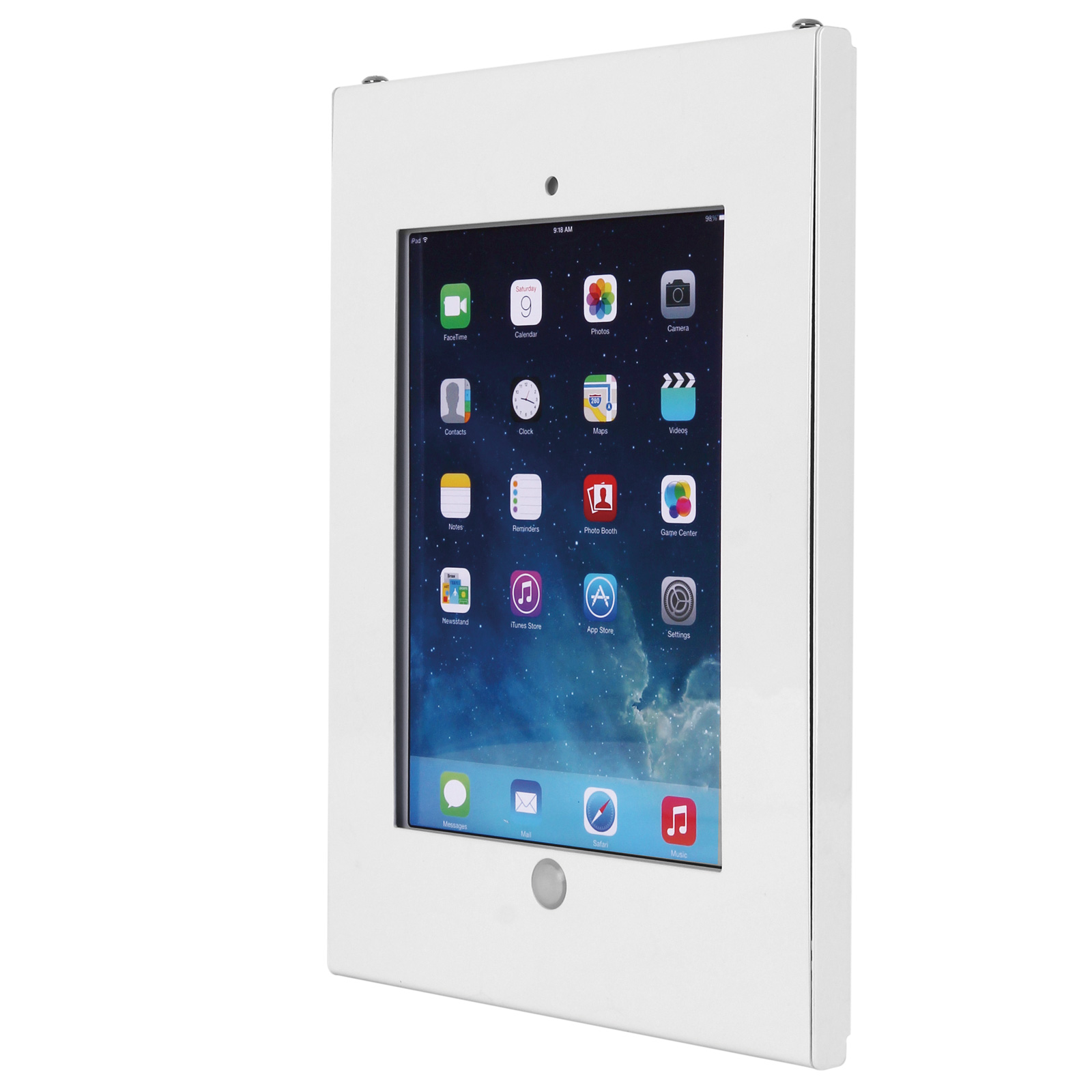 Ein iPad in einem weißen Rahmen. Der Bildschirm zeigt App-Symbole auf blauem Hintergrund.