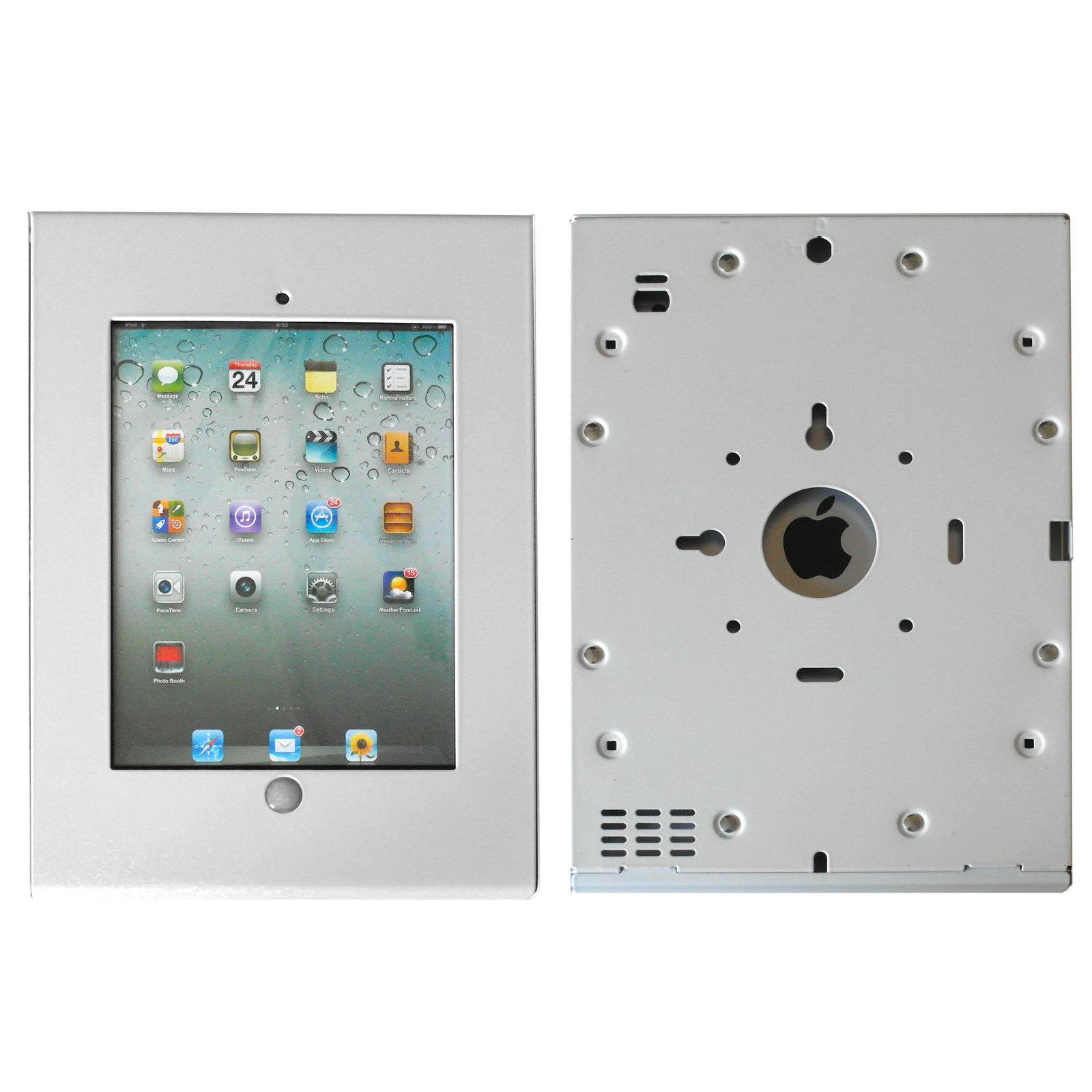 Weißer Tablet-Ständer mit iPad. Rückansicht zeigt Apple-Logo und Anschlüsse.