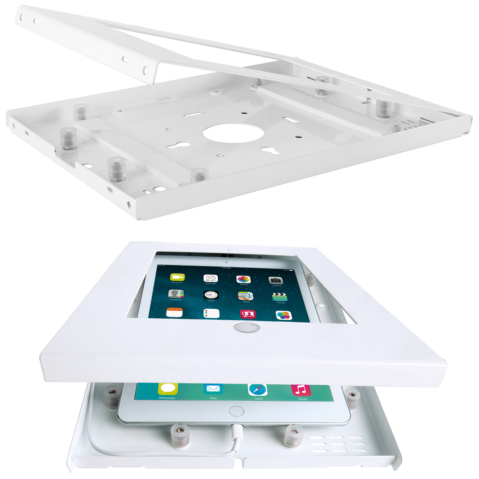 Weißer Tablethalter mit offenem Deckel und einem Tablet. Zweites Bild: Tablet im Ständer, geschlossen.