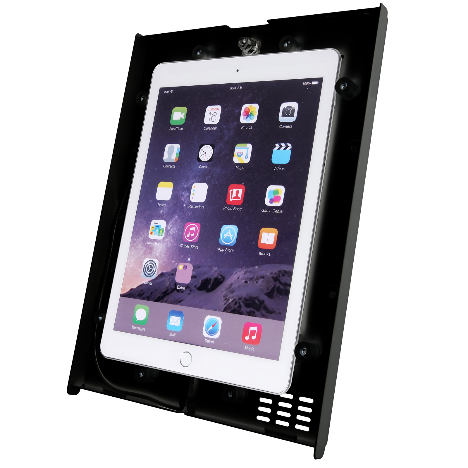 Tablet in schwarzem Rahmen, zeigt Oberfläche mit Symbolen auf dem Bildschirm.