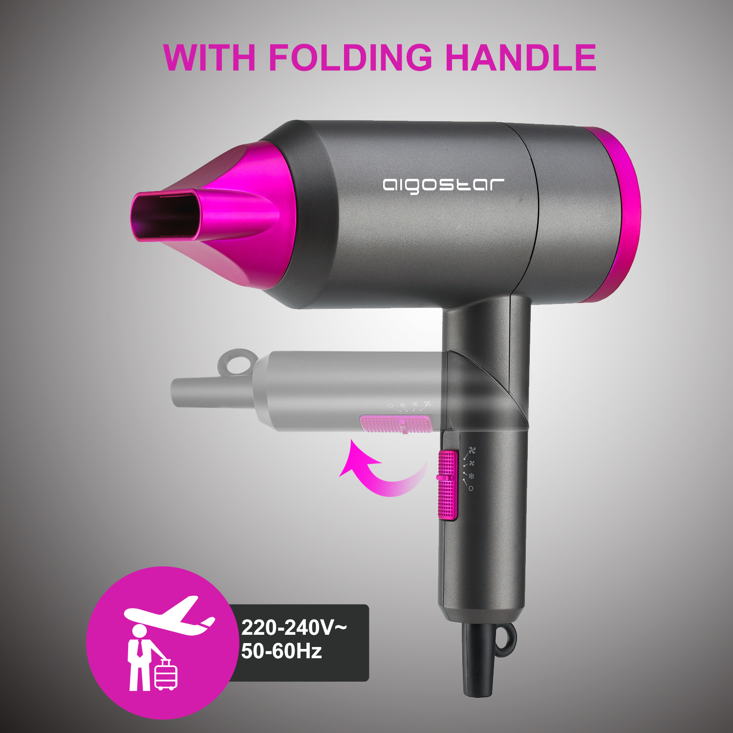 Haartrockner, grauer Körper mit rosa Akzenten und Klappgriff. Produkt geschlossen und offen gezeigt.