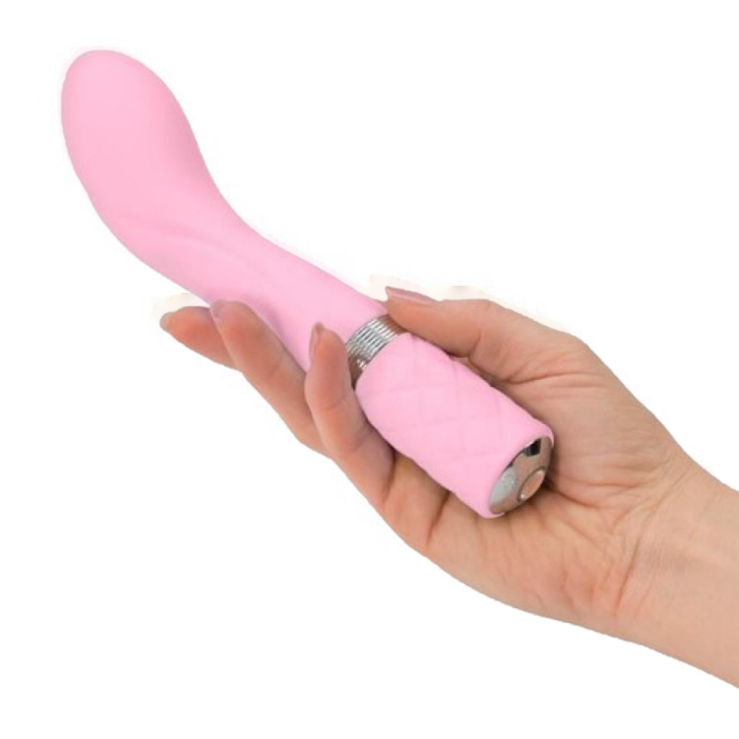 Eine Hand hält ein rosa Sexspielzeug. Das Sexspielzeug ist rosa und hat eine gebogene Form.