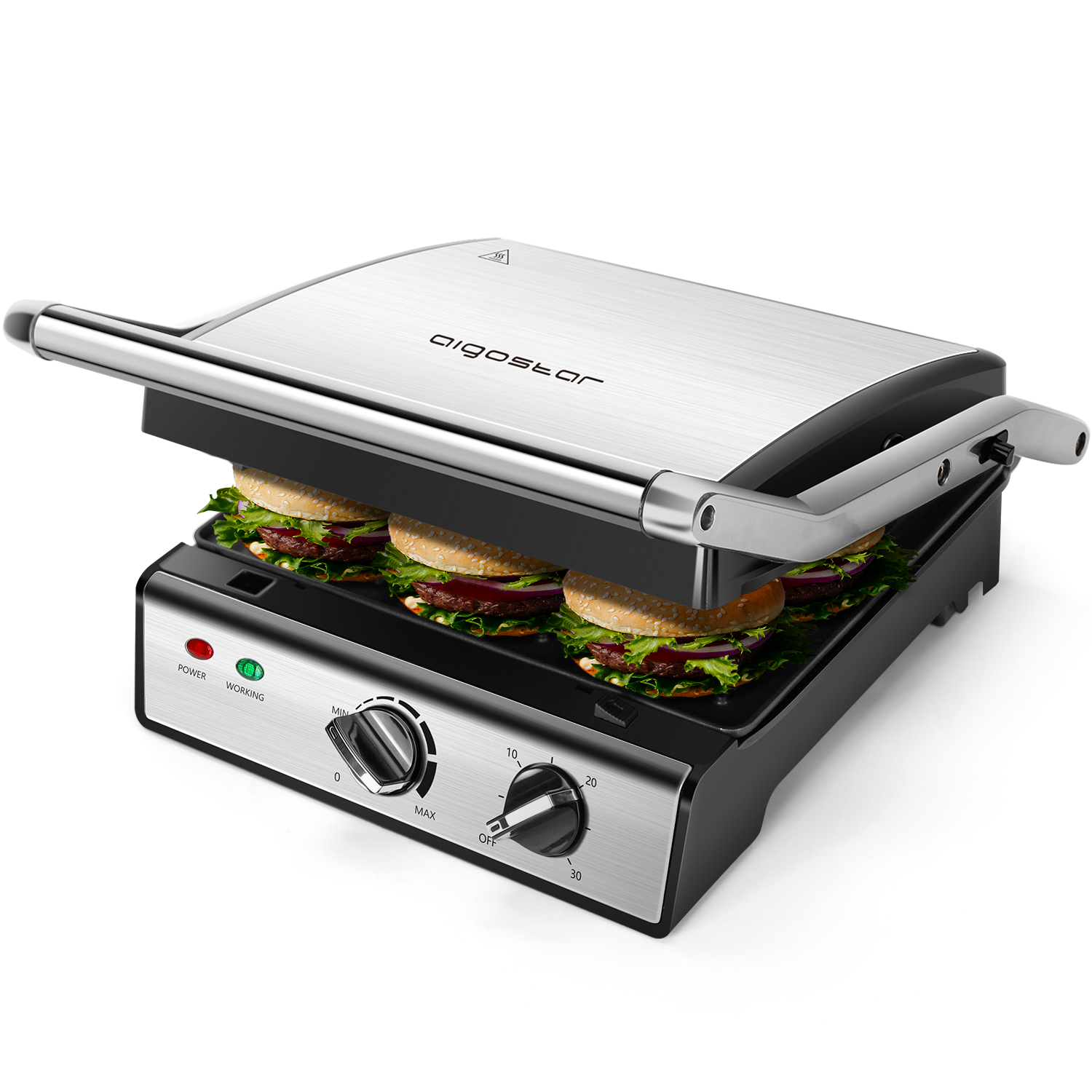 Aigostar Max 30 hix grill parrilla panini sándwich con placas extraíbles 2000w de potencia apertura 180º temperatura y temporizador ajustables grandes 29 24cm. libre bpa. maker sandwichera 30hix 300000hix 2000