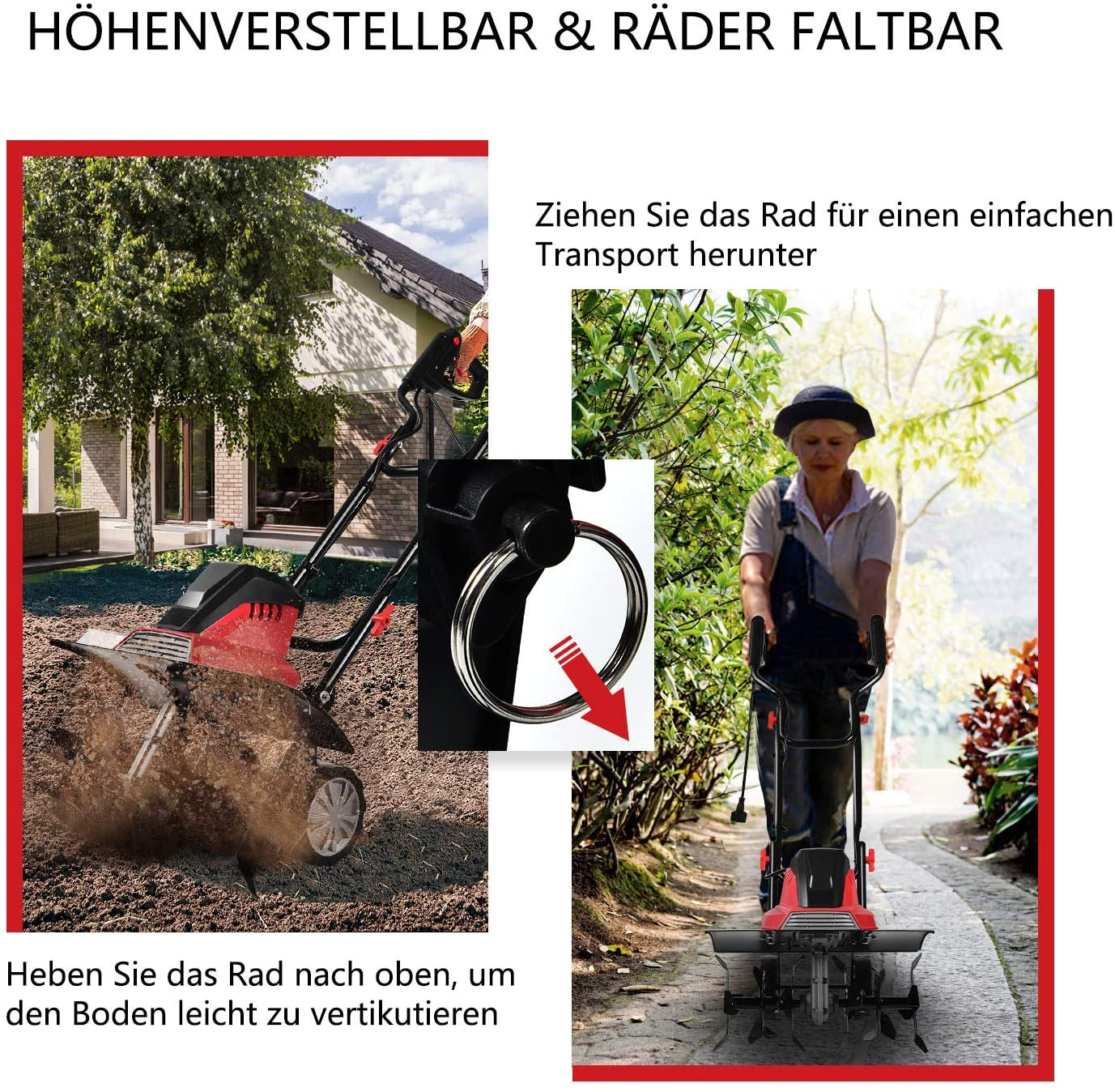 Eine Person, die eine rot-schwarze Gartenmaschine benutzt. Anweisungen und ein roter Pfeil werden angezeigt.