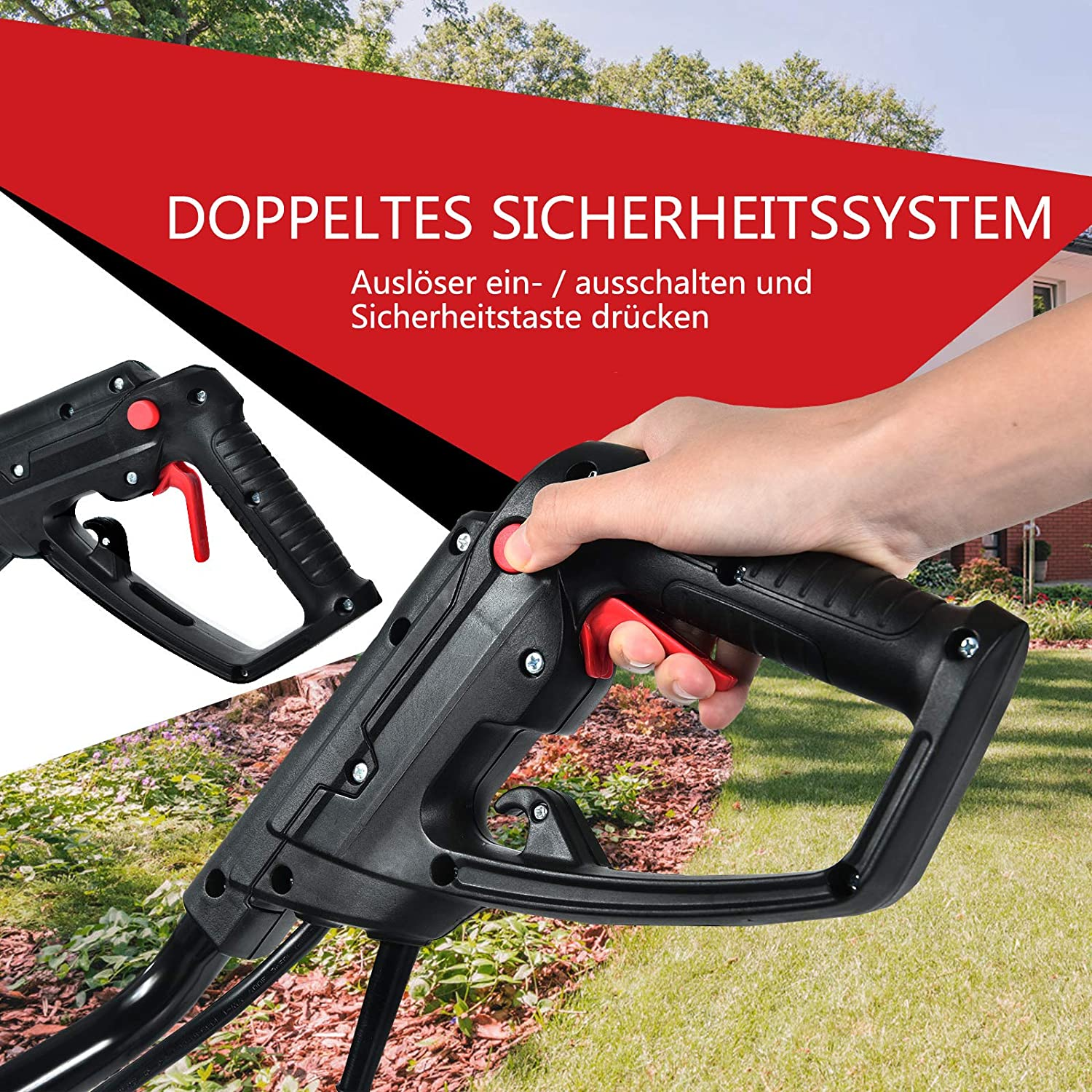 Nahaufnahme einer schwarzen Hochdruckreinigerpistole mit rotem Abzug, auf Gras mit Hintergrund.