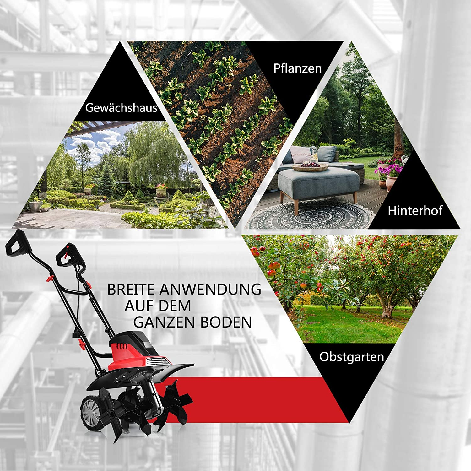 Bild zeigt eine Fräse mit Text und Gartenszenen: Gewächshaus, Pflanzen, Hinterhof und Obstgarten.