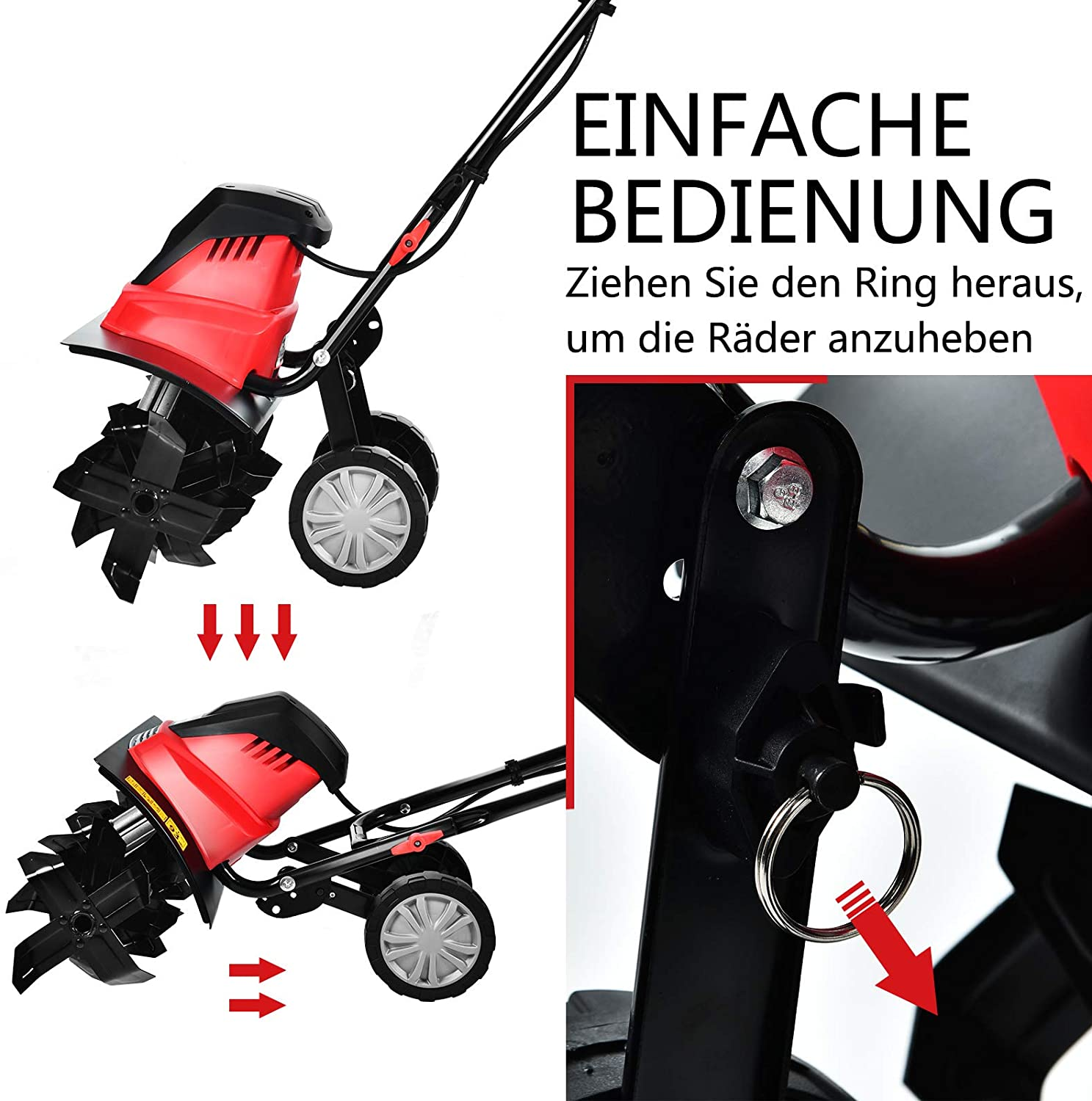 Rote und schwarze Gartenfräse mit Text auf Deutsch und Nahaufnahme eines Rings.