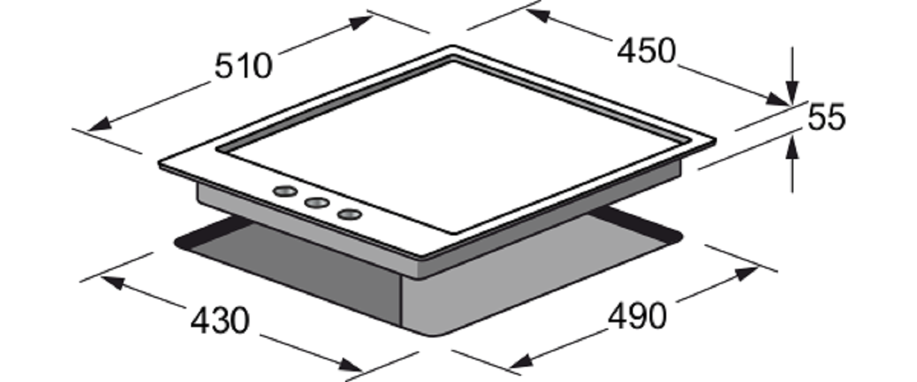 Diagramm eines Kochfelds mit Abmessungen. Weißer Hintergrund, Draufsicht.