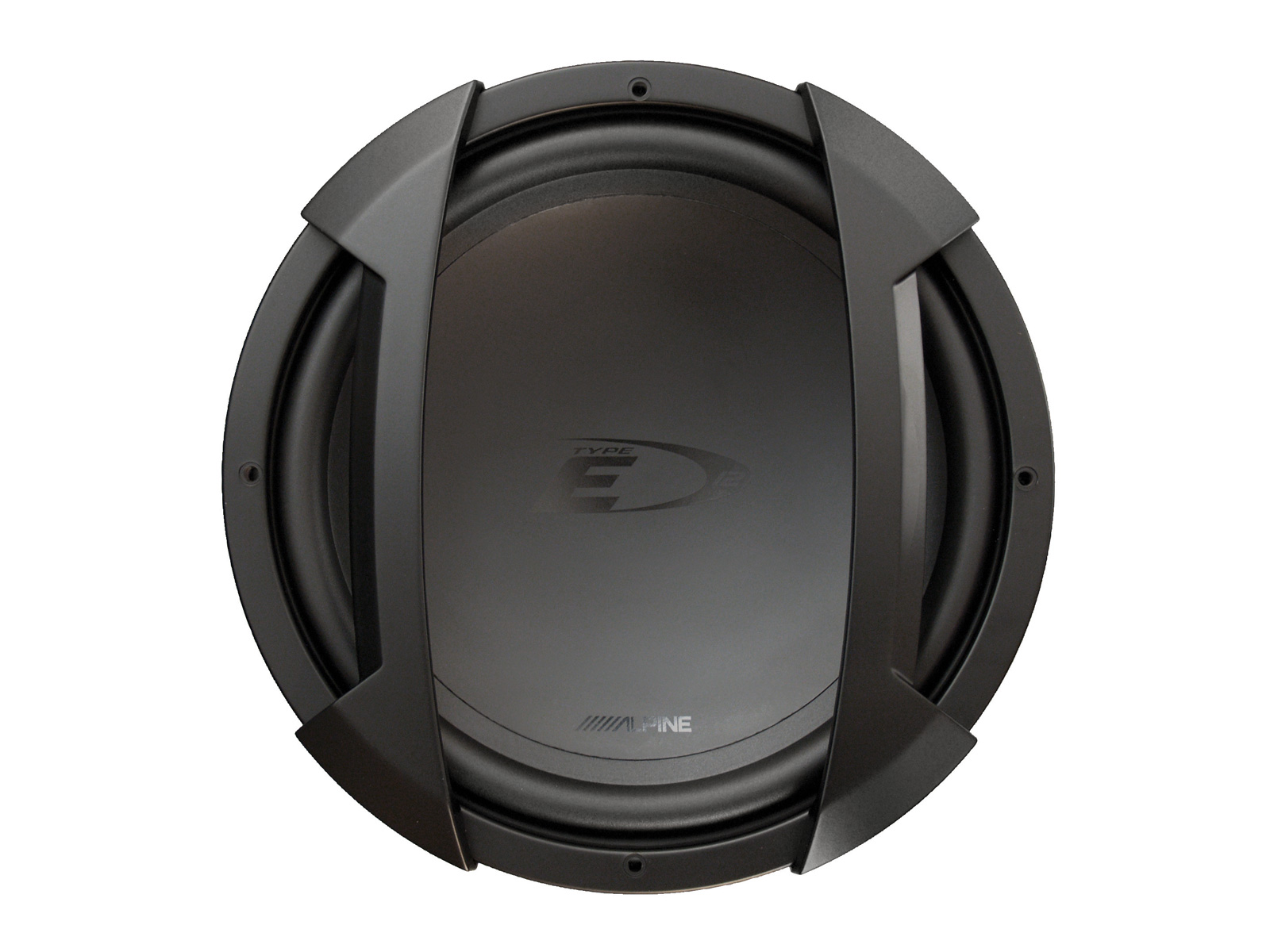 Ein schwarzer Auto-Subwoofer mit schwarzem Rahmen und dem Wort ALPINE darauf.