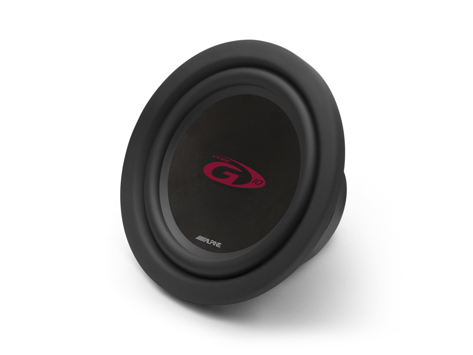 Schwarzer Alpine-Subwoofer mit rotem G10-Logo auf weißem Hintergrund.