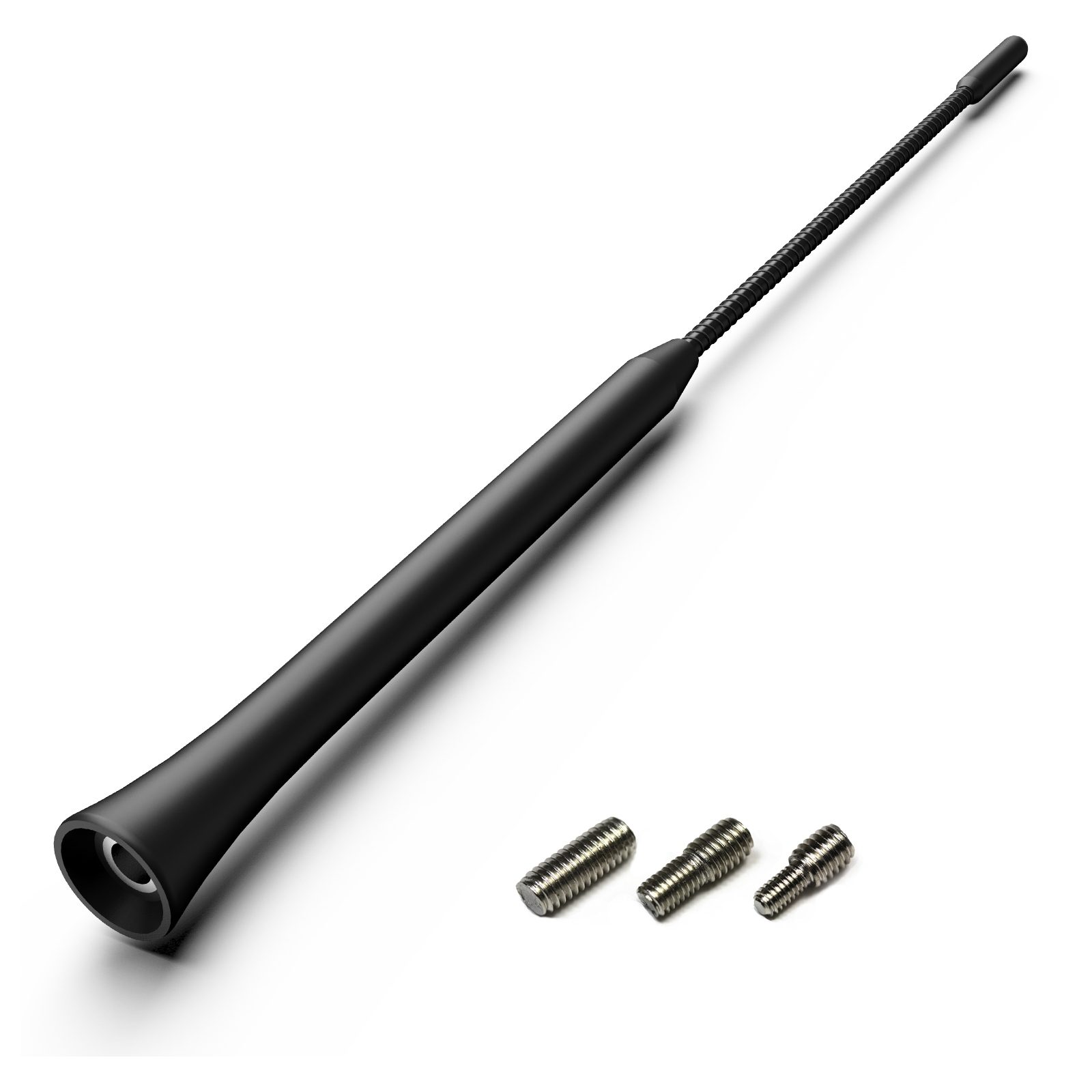 Schwarze Autoantenne mit drei Schrauben. Weißer Hintergrund.