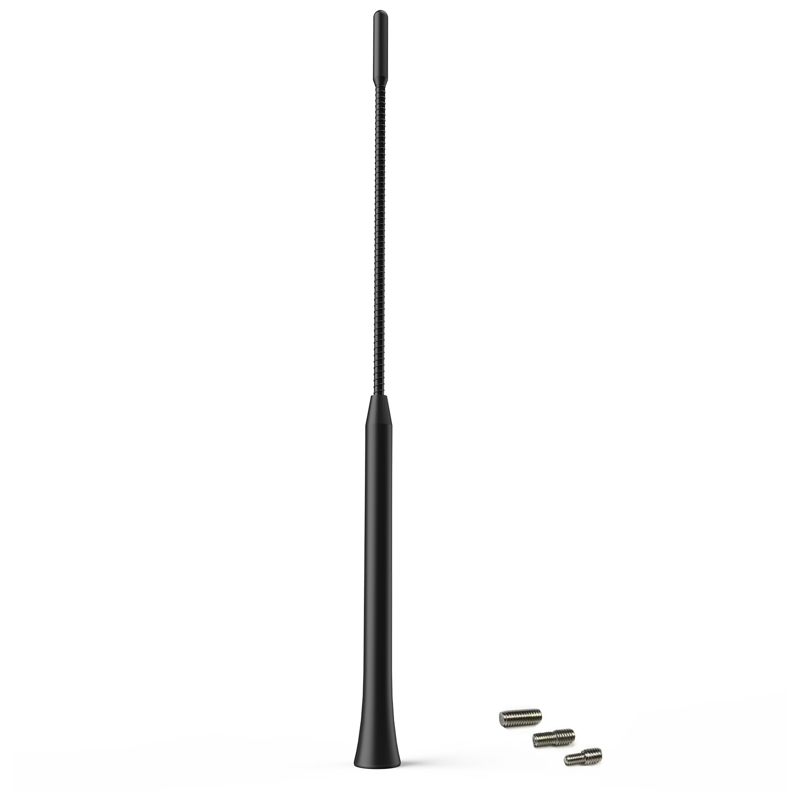 Schwarze Antenne mit flexiblem Abschnitt und drei Schrauben. Der Hintergrund ist weiß.
