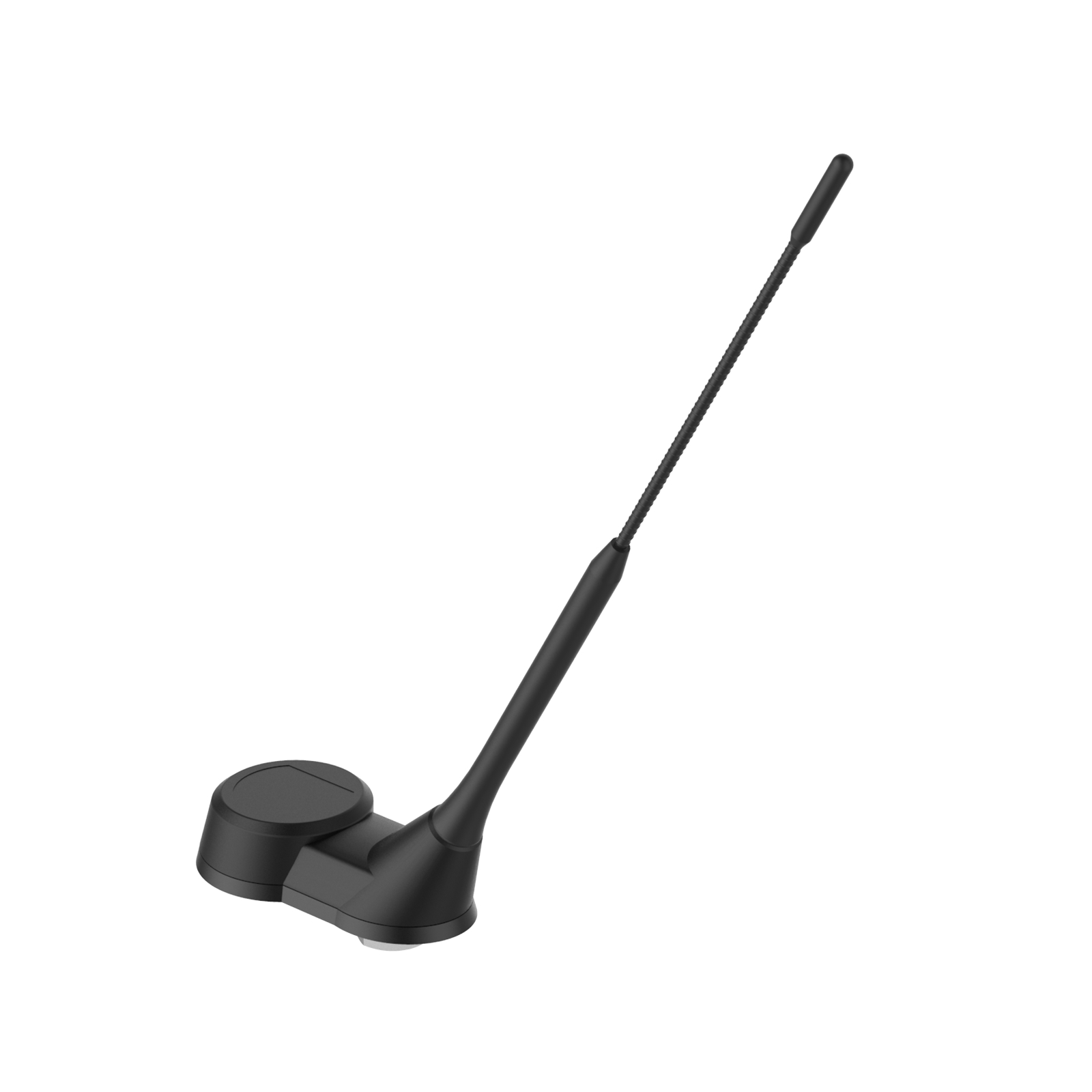 Schwarze Autoantenne, Sockel und Stab. Es befindet sich auf weißem Hintergrund.