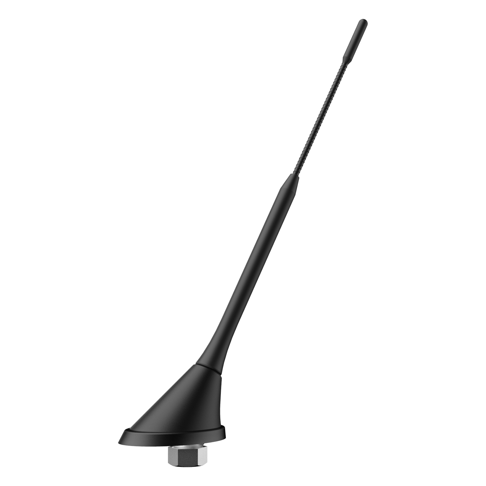 Schwarze Antenne mit konischem Fuß und silberner Mutter.