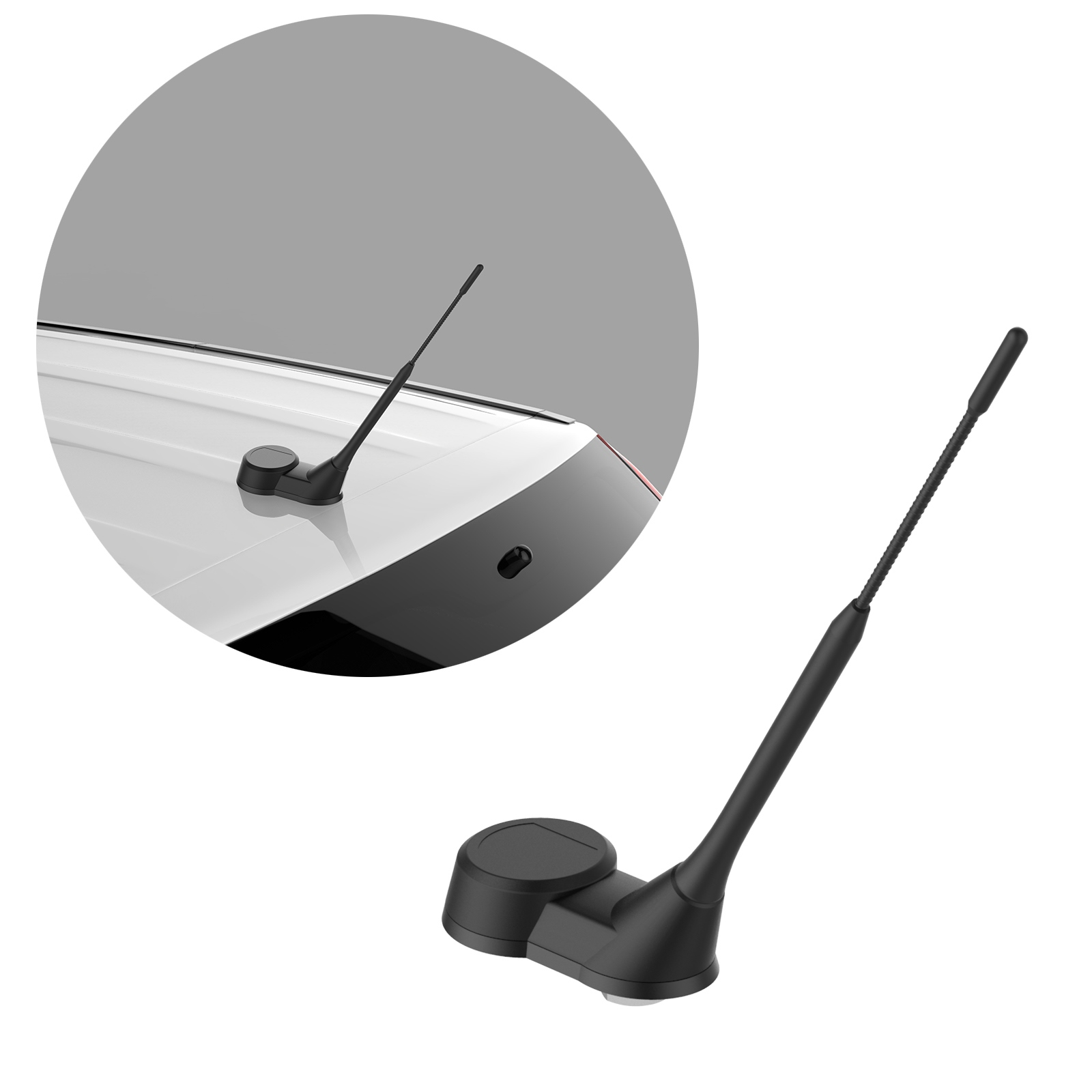 Autoantenne, schwarz, auf weißem Auto. Nahaufnahme der Antenne und des Autodachs.