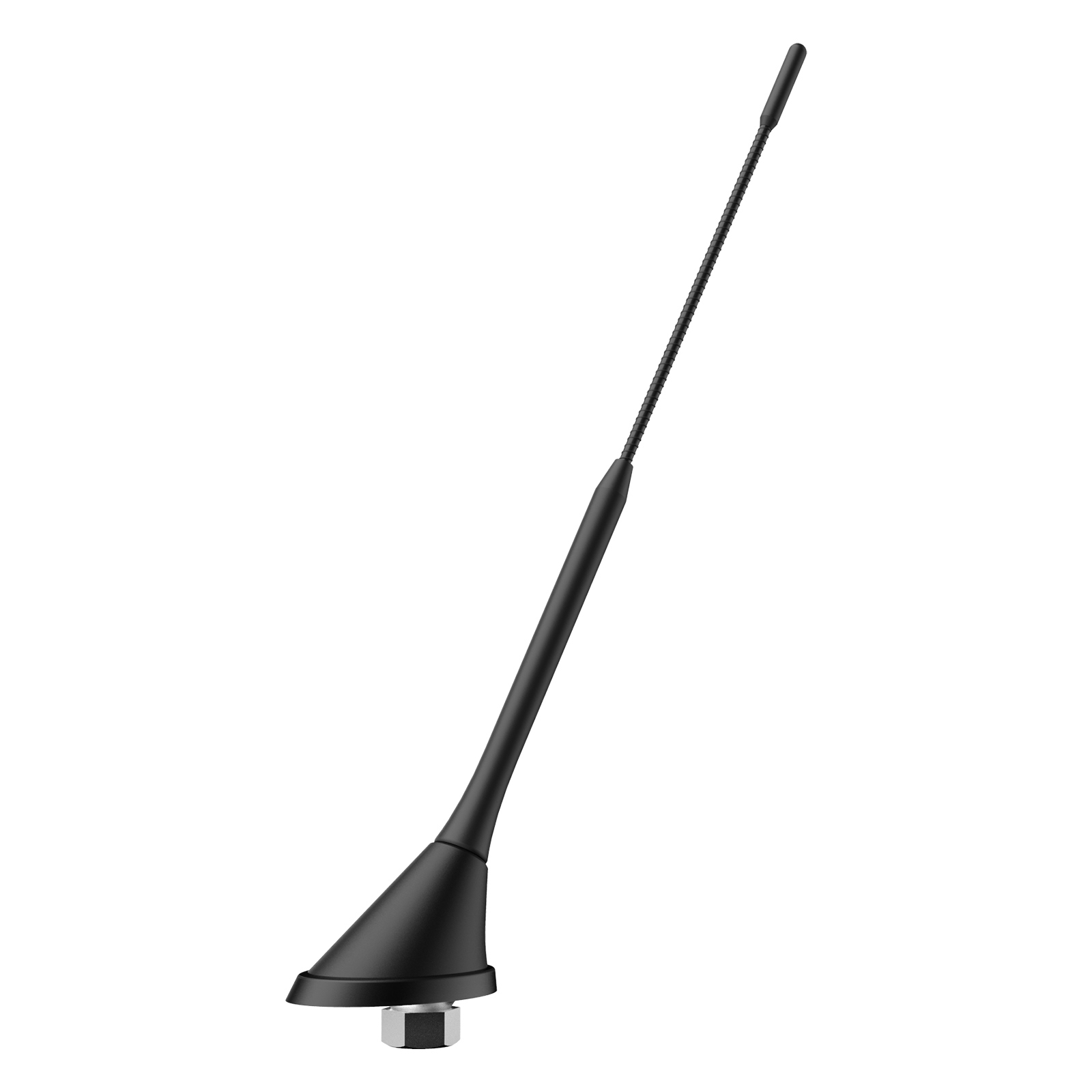 Schwarze Autoantenne mit kegelförmigem Sockel. Sie steht vor weißem Hintergrund.