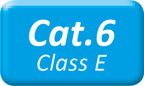 Bouton bleu avec texte blanc : Cat.6 Classe E.