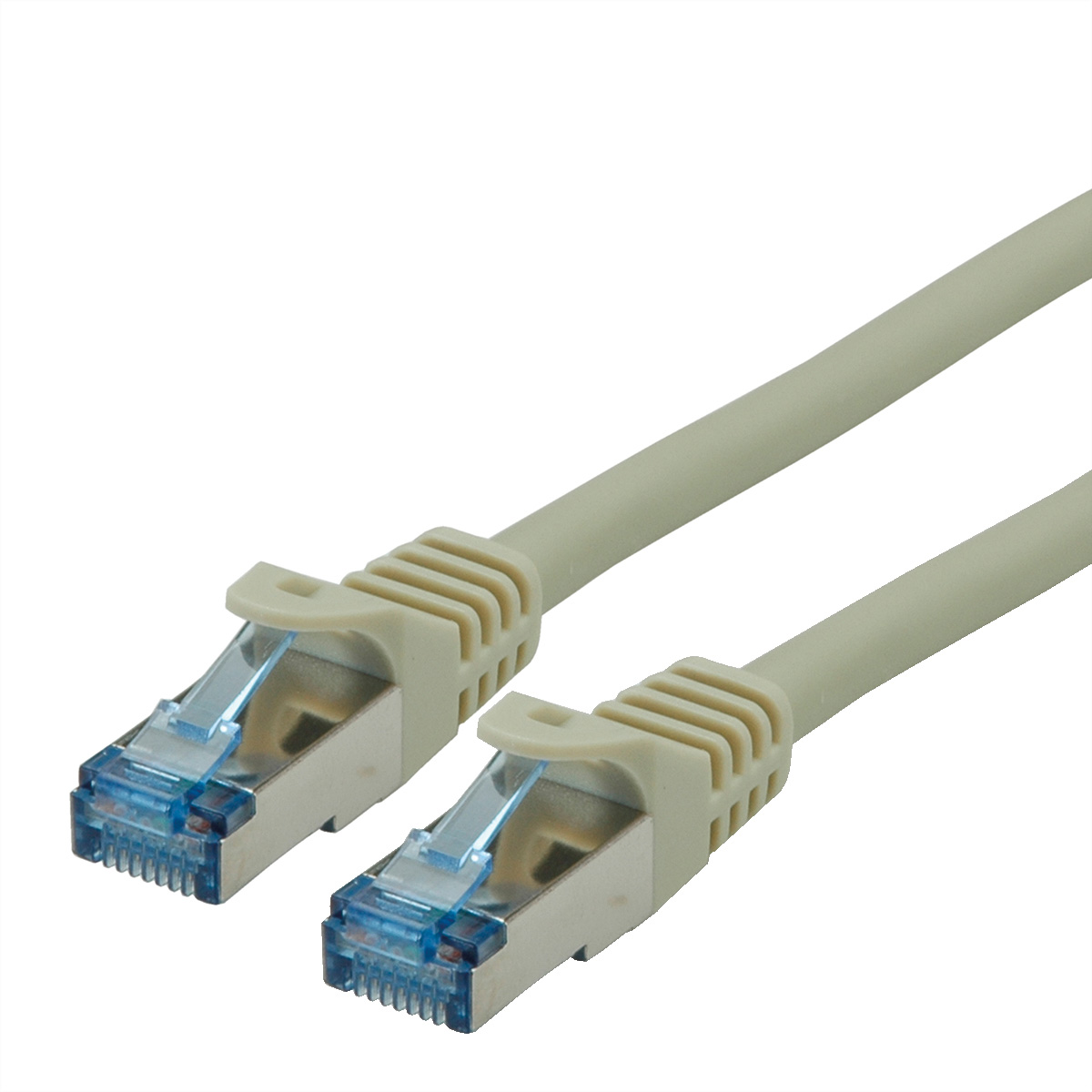 Twee grijze Ethernet-kabels met blauwe connectoren. De connectoren hebben kleine plastic lipjes.