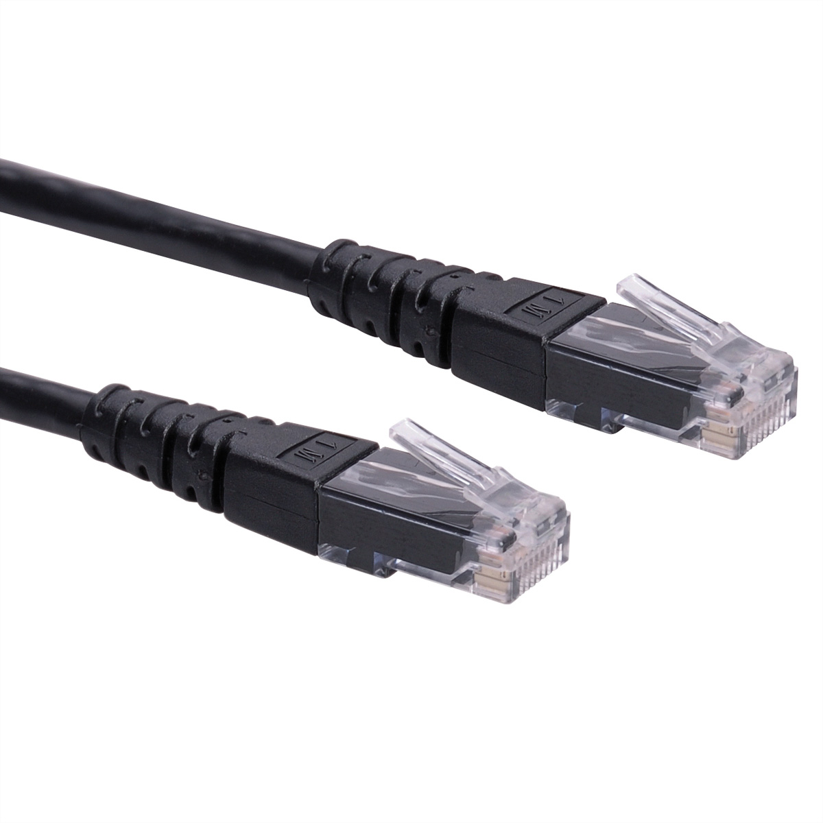 Twee zwarte Ethernet-kabels met zwarte connectoren. Elk heeft een doorzichtige connector.