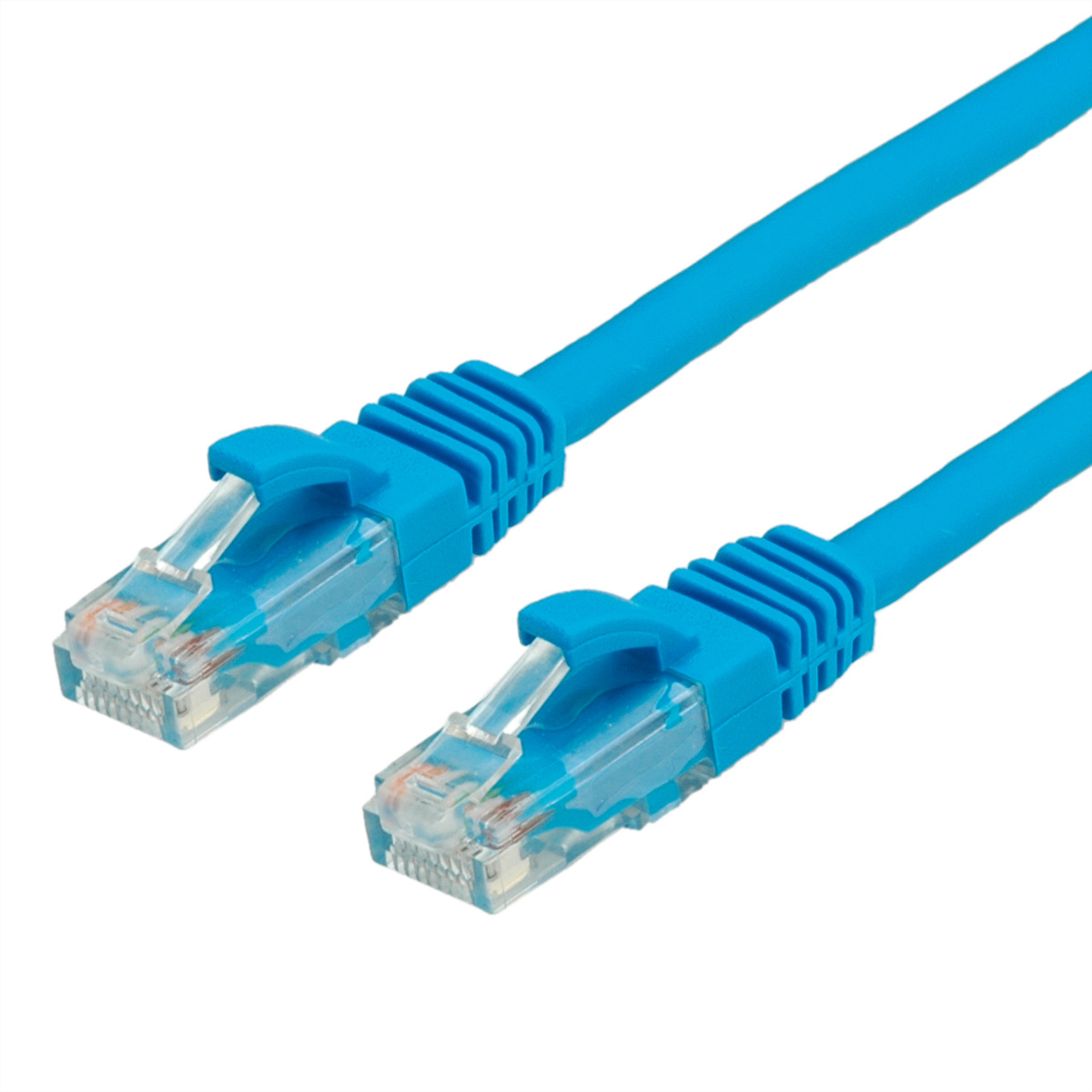 Deux câbles Ethernet bleus avec des connecteurs transparents. Chaque câble a un connecteur aux deux extrémités.