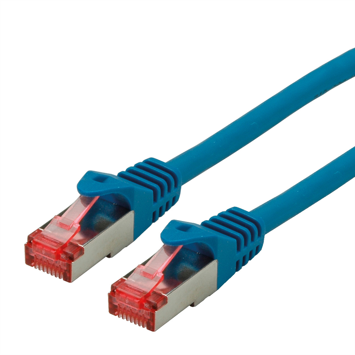 Blauwe netwerkkabel met transparante connectoren op een witte achtergrond.