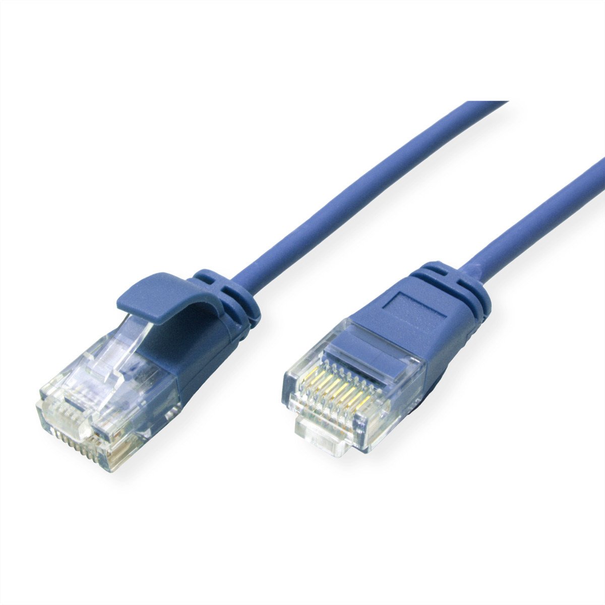 Blauwe Ethernet-kabel met doorzichtige plastic connectoren. Op een witte achtergrond.