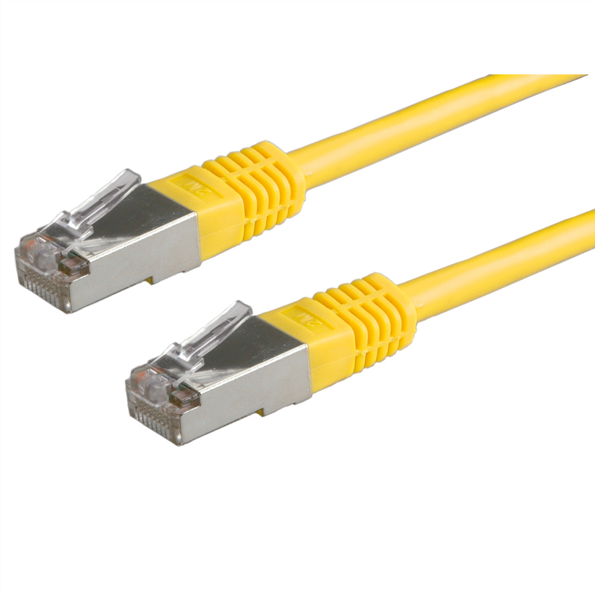 Gele Ethernet-kabel met connectoren. Twee uiteinden van een gele kabel zijn zichtbaar.