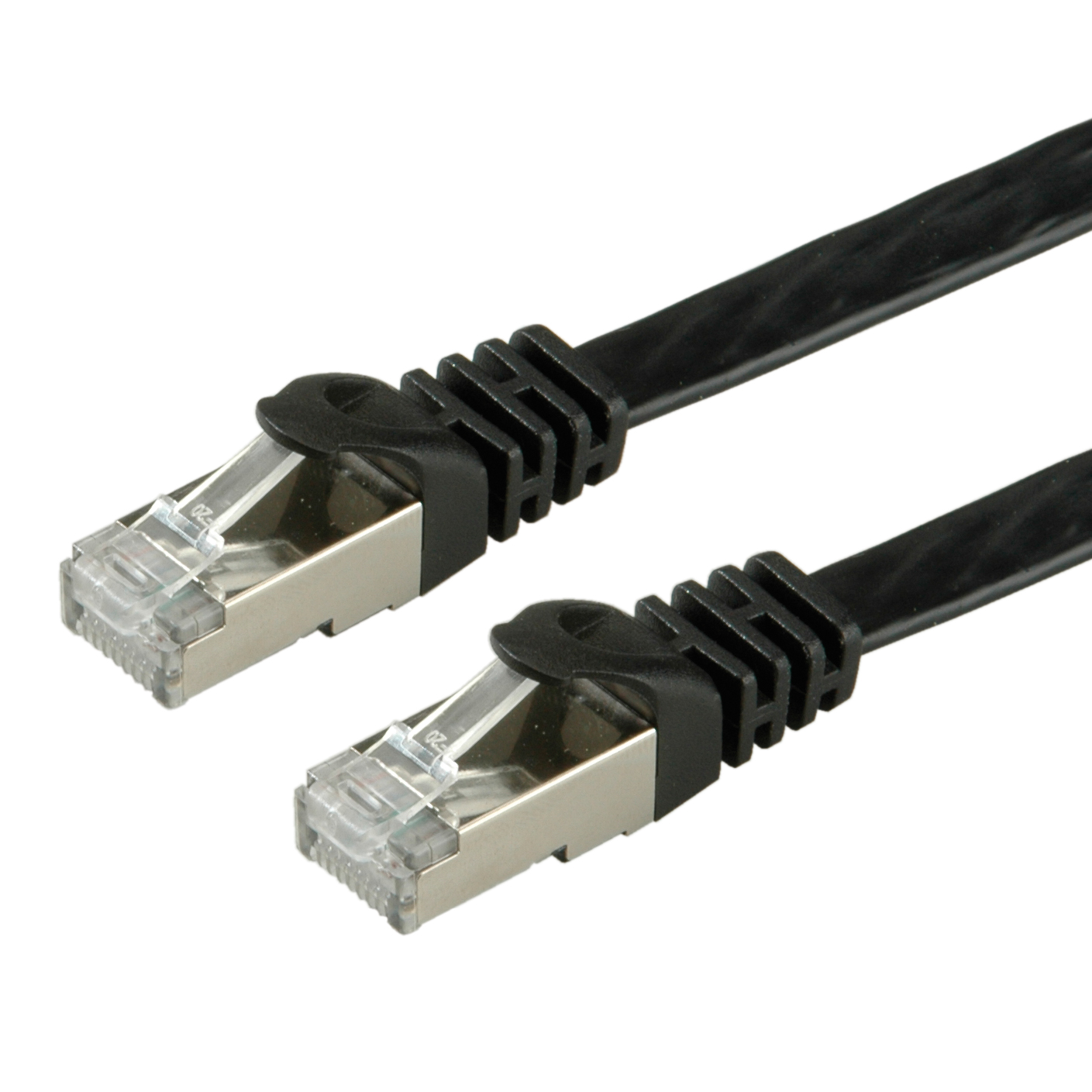 Twee zwarte Ethernet-kabels met zwarte connectoren. Elke heeft een metalen connector.