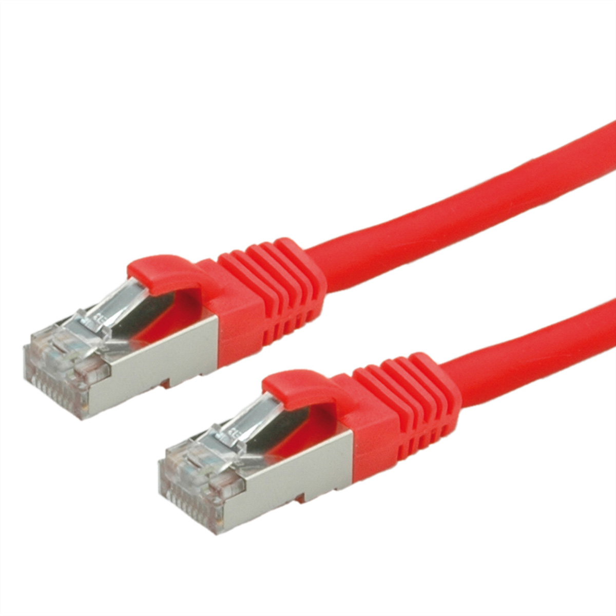 Câbles Ethernet rouges avec connecteurs argentés, fond blanc.