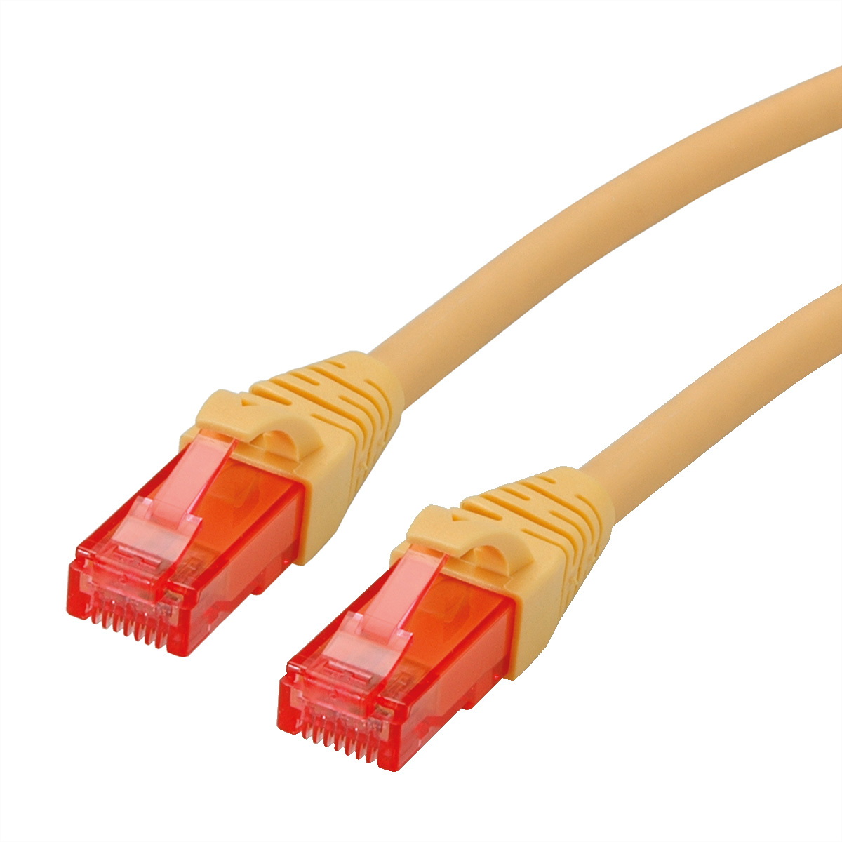 Geel-oranje Ethernet-kabels, doorzichtige connectoren, witte achtergrond.