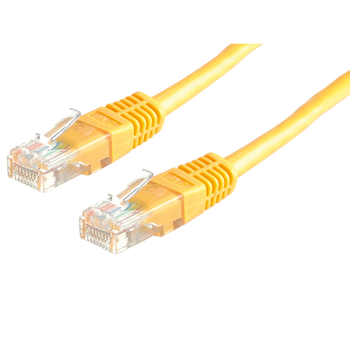 Gelbe Ethernet-Kabel, klare Stecker, weißer Hintergrund.