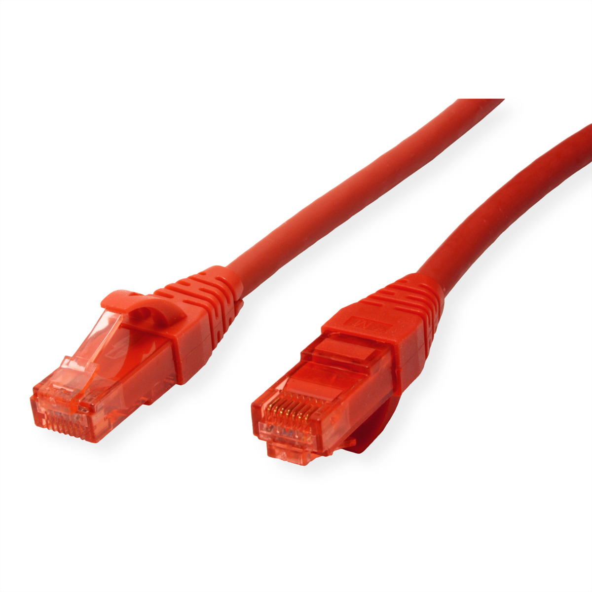 Deux câbles réseau rouges avec connecteurs RJ45 transparents. Les câbles sont inclinés sur fond blanc.
