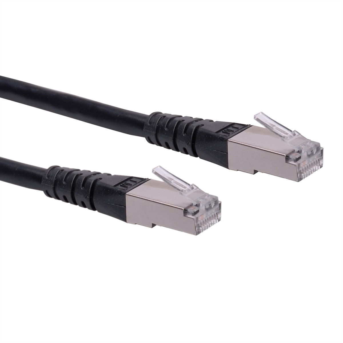 Een zwarte netwerkkabel met twee RJ45-connectoren.