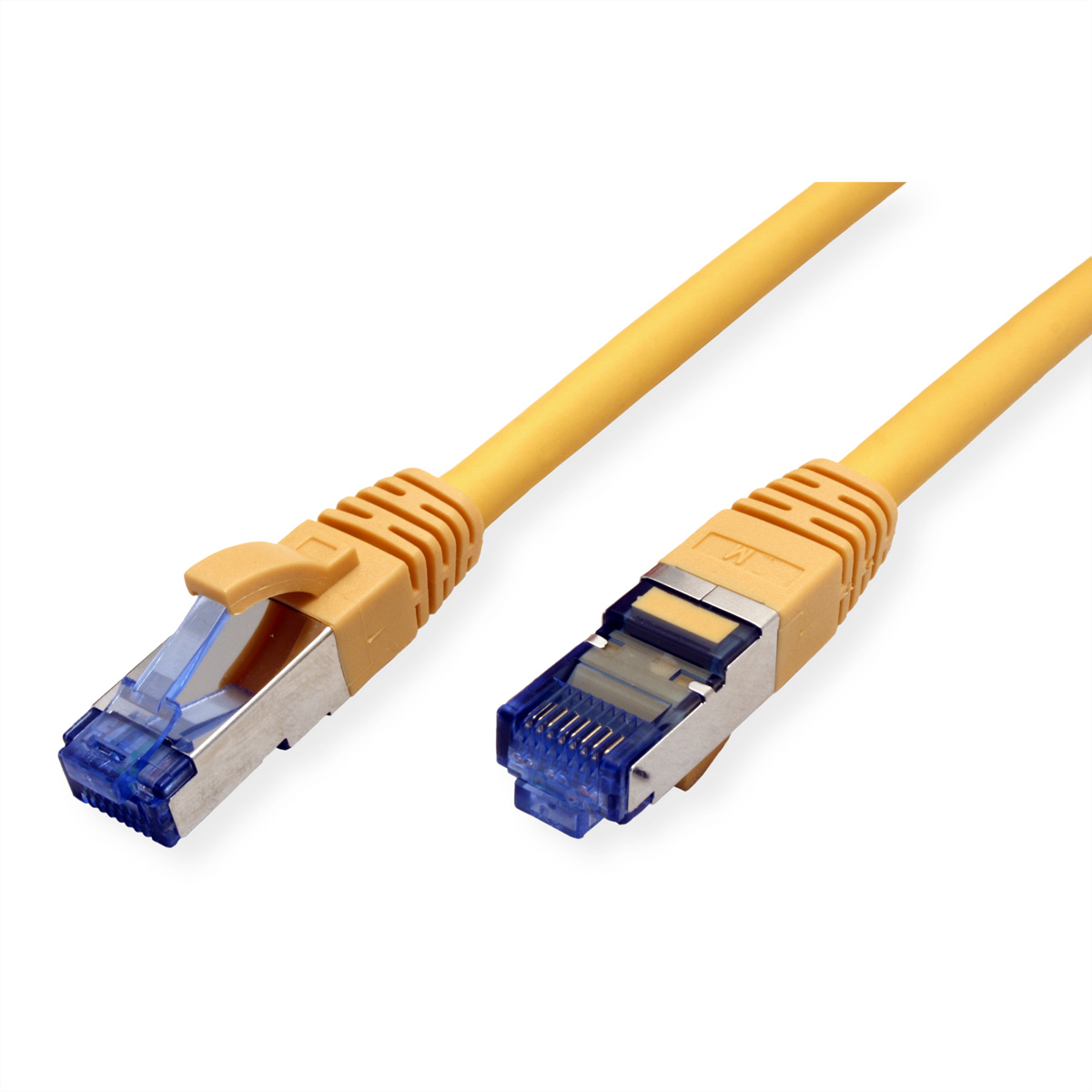 Deux câbles Ethernet jaunes avec connecteurs bleus métalliques sur fond blanc.
