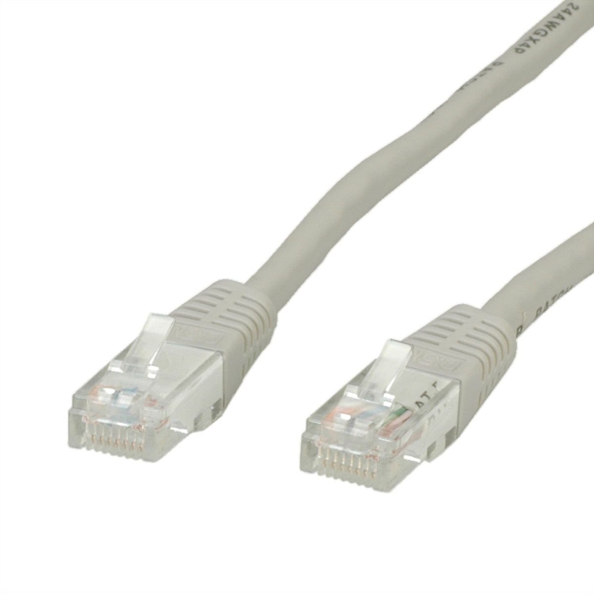 Dwa szare kable Ethernet z przezroczystymi złączami. Tło jest białe.