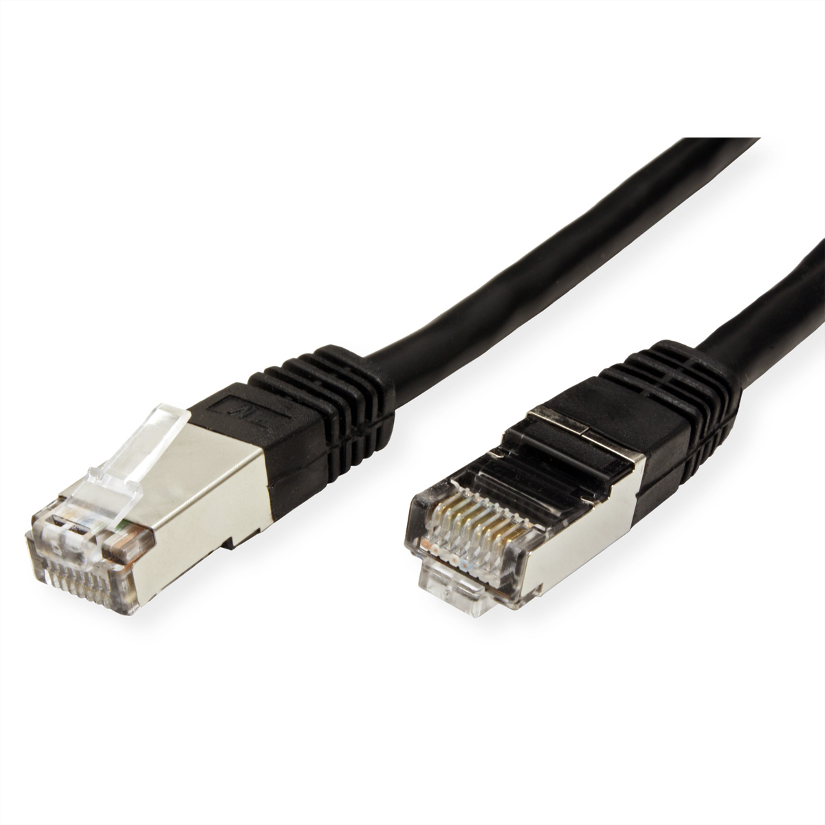 Deux câbles Ethernet noirs avec connecteurs sur fond blanc.
