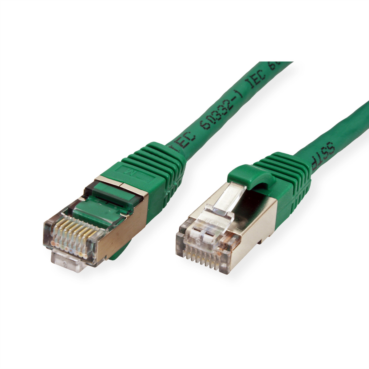 Twee groene Ethernet-kabels met connectoren. Eén uiteinde is aangesloten, het andere niet.