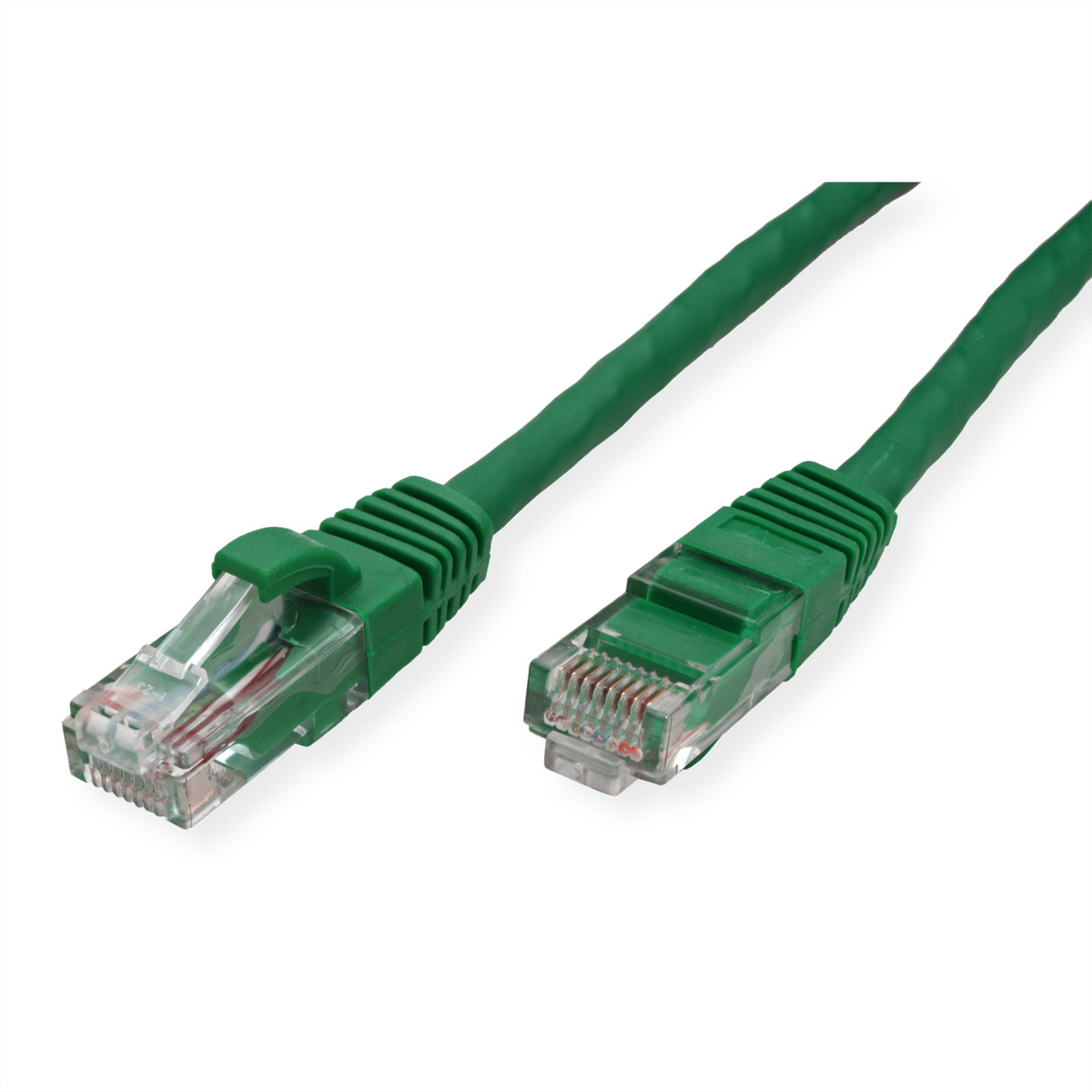 Câble Ethernet vert avec des connecteurs aux deux extrémités. Les connecteurs sont verts et clairs.